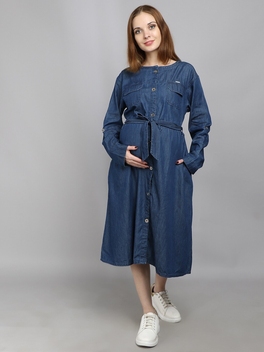 

VYN Denim Belted Maternity Fit & Flare Midi Dress, Blue
