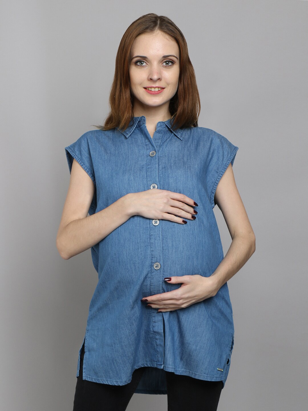 

VYN Blue Extended Sleeves Cotton Denim Maternity Shirt Style Longline Top