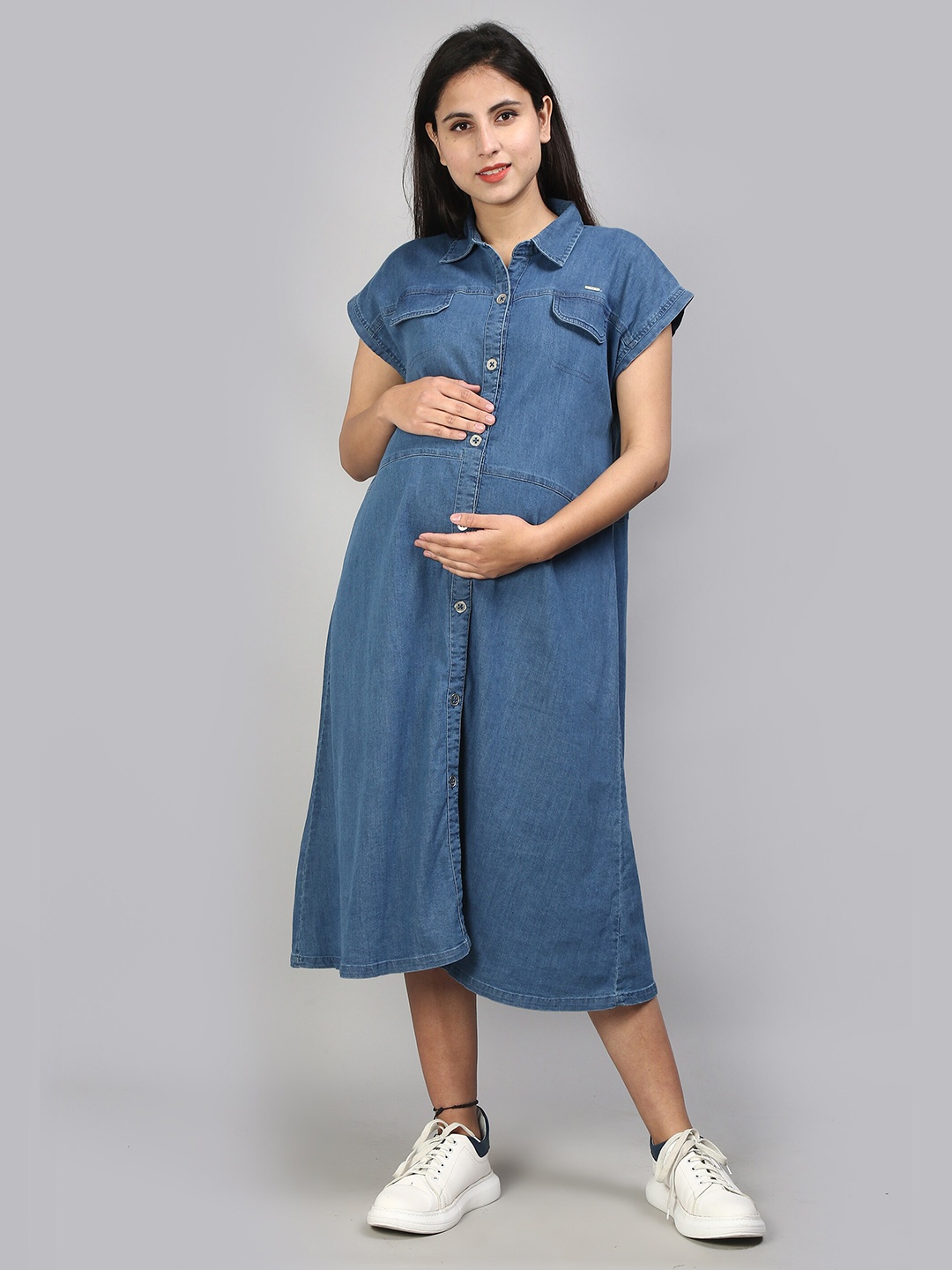 

VYN Denim Maternity Shirt Midi Dress, Blue