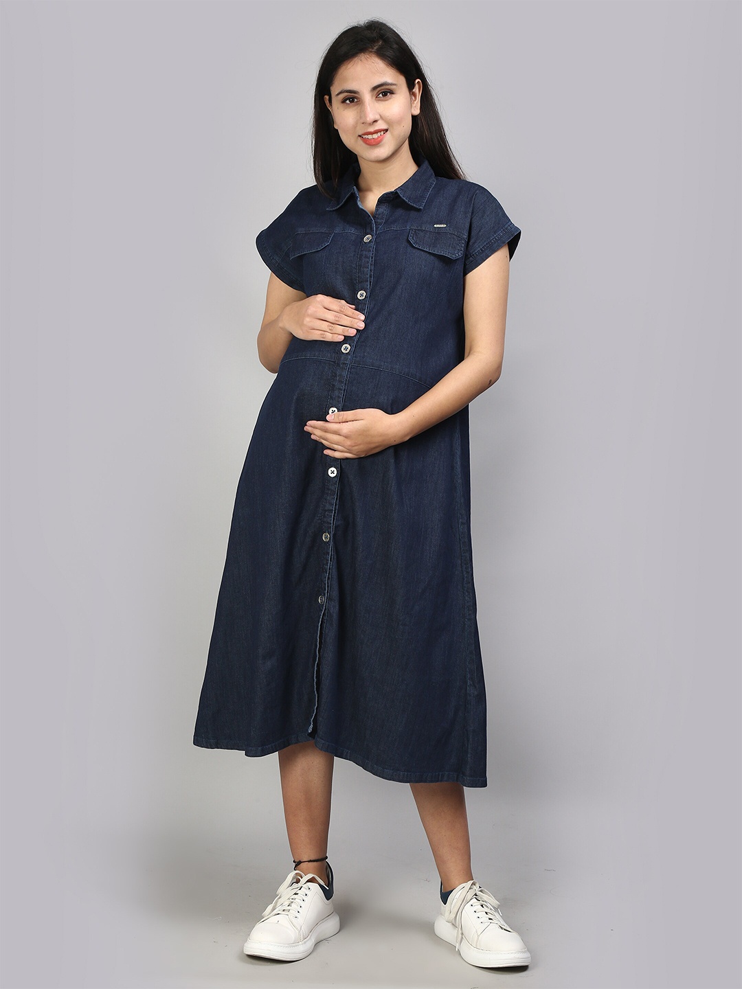 

VYN Denim Maternity Shirt Midi Dress, Blue