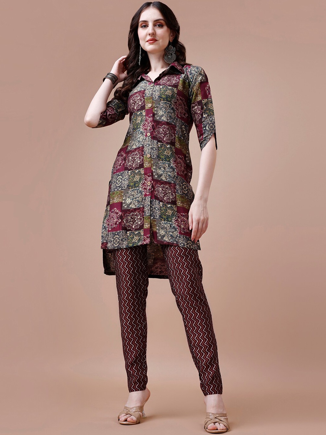 

KALINI Ethnic Motifs Printed Shirt Collar High Low Kurta With Trouser, Maroon