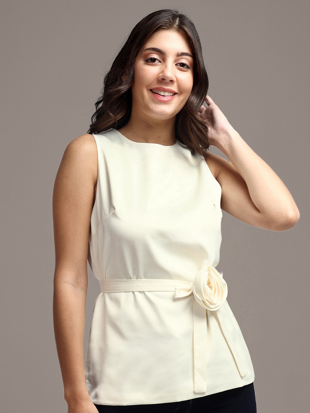 

iki chic Sleeveless Satin Top With Detachable Belt, White