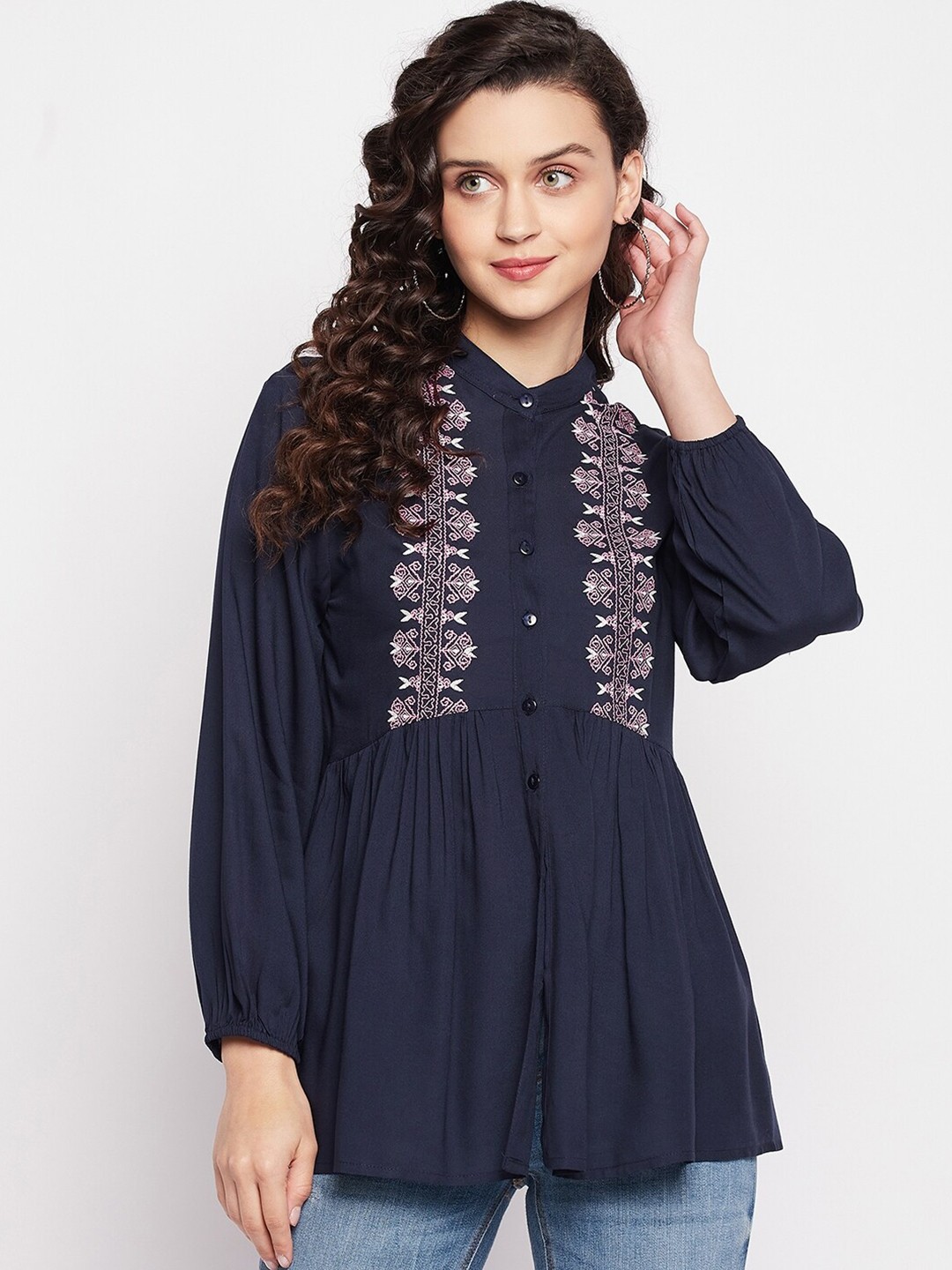 

Ishin Ethnic Motifs Embroidered Mandarin Collar A-Line Longline Top, Navy blue