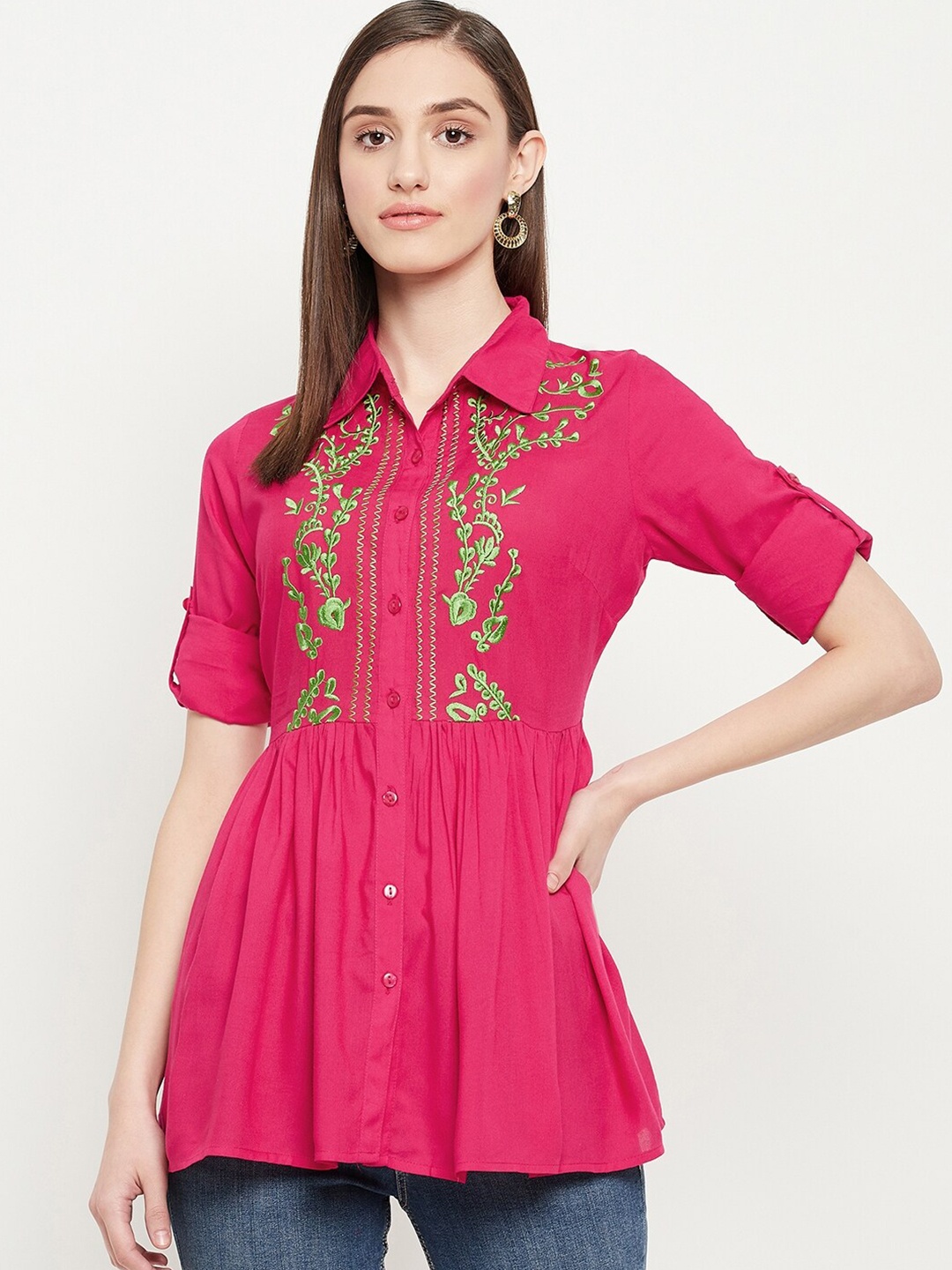 

Ishin Fuchsia Floral Embroidered Shirt Style Longline Top