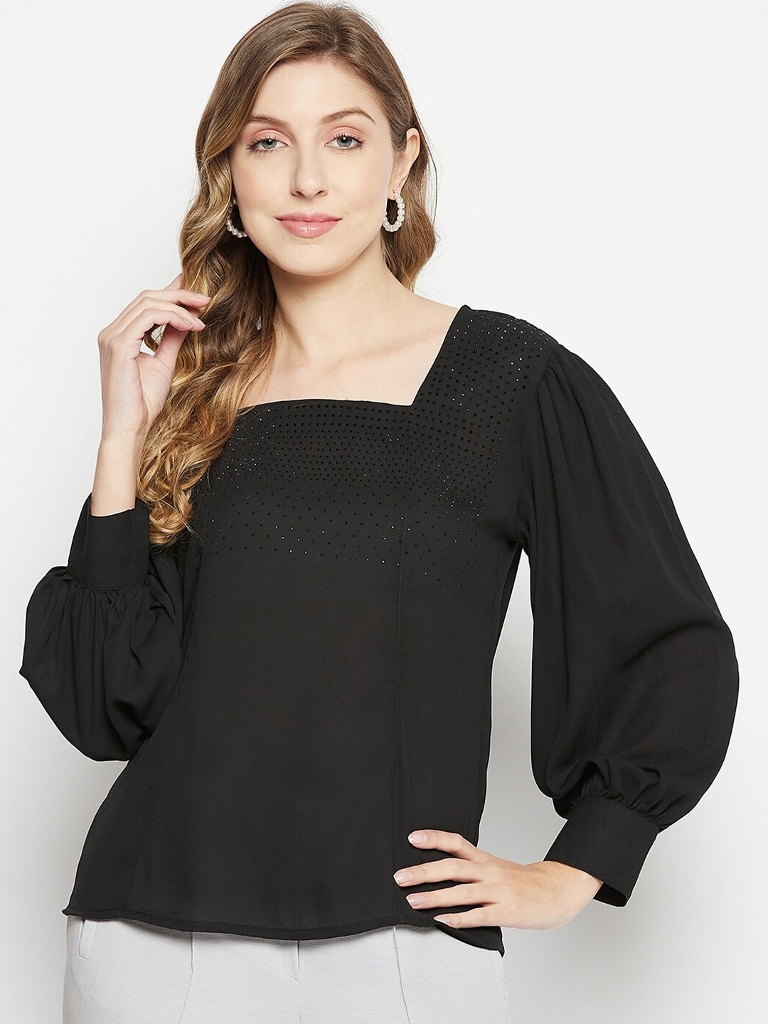 

Ishin Embellished Square Neck Georgette Top, Black