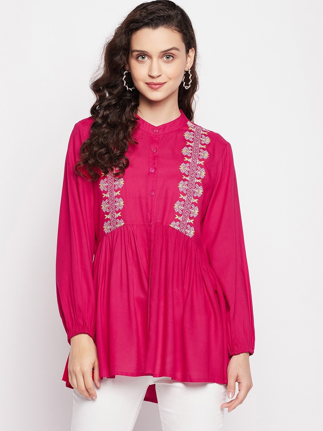 

Ishin Embroidered Puff Sleeve A-Line Top, Fuchsia