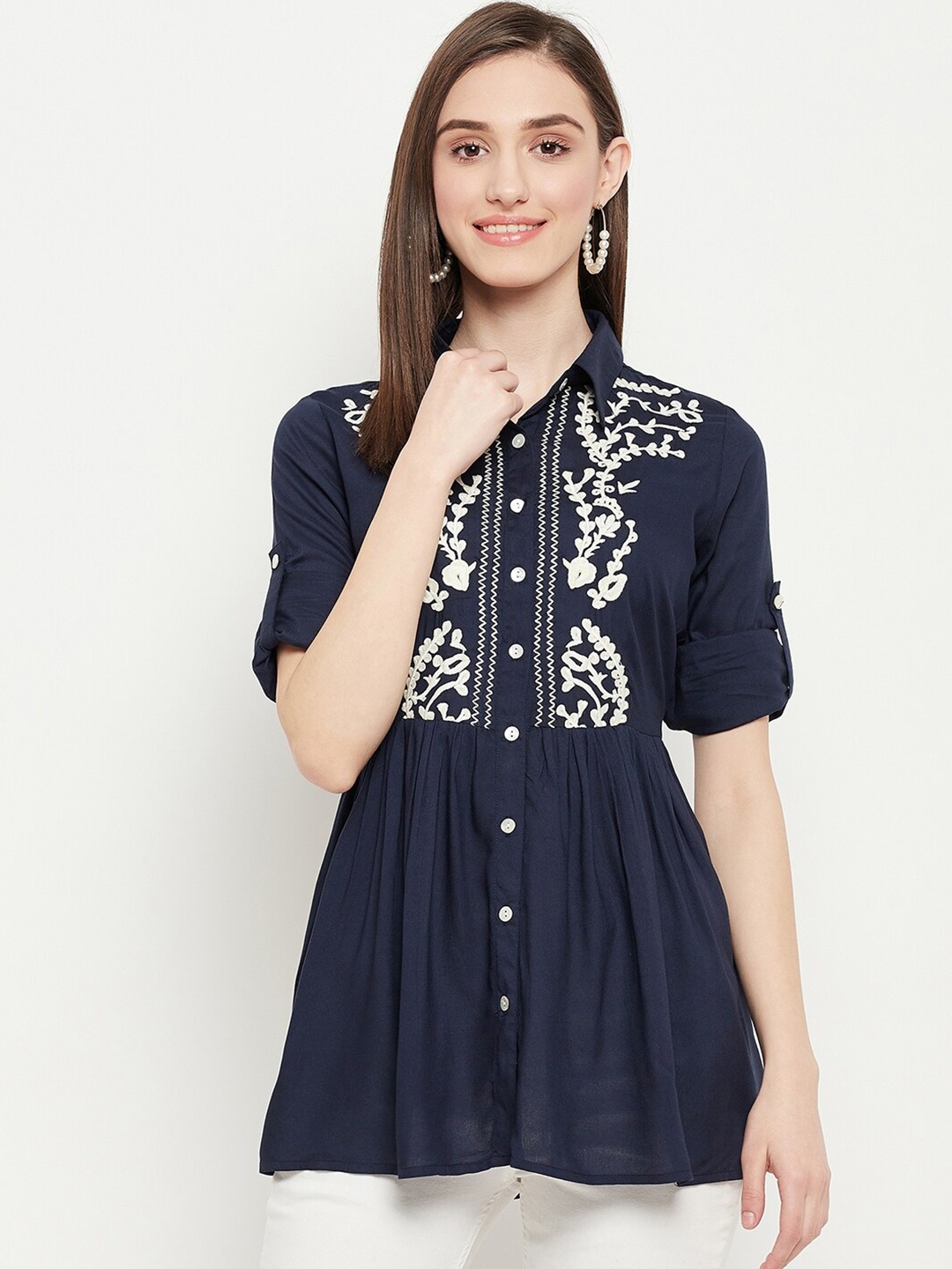 

Ishin Shirt Collar Embroidered Shirt Style Top, Navy blue