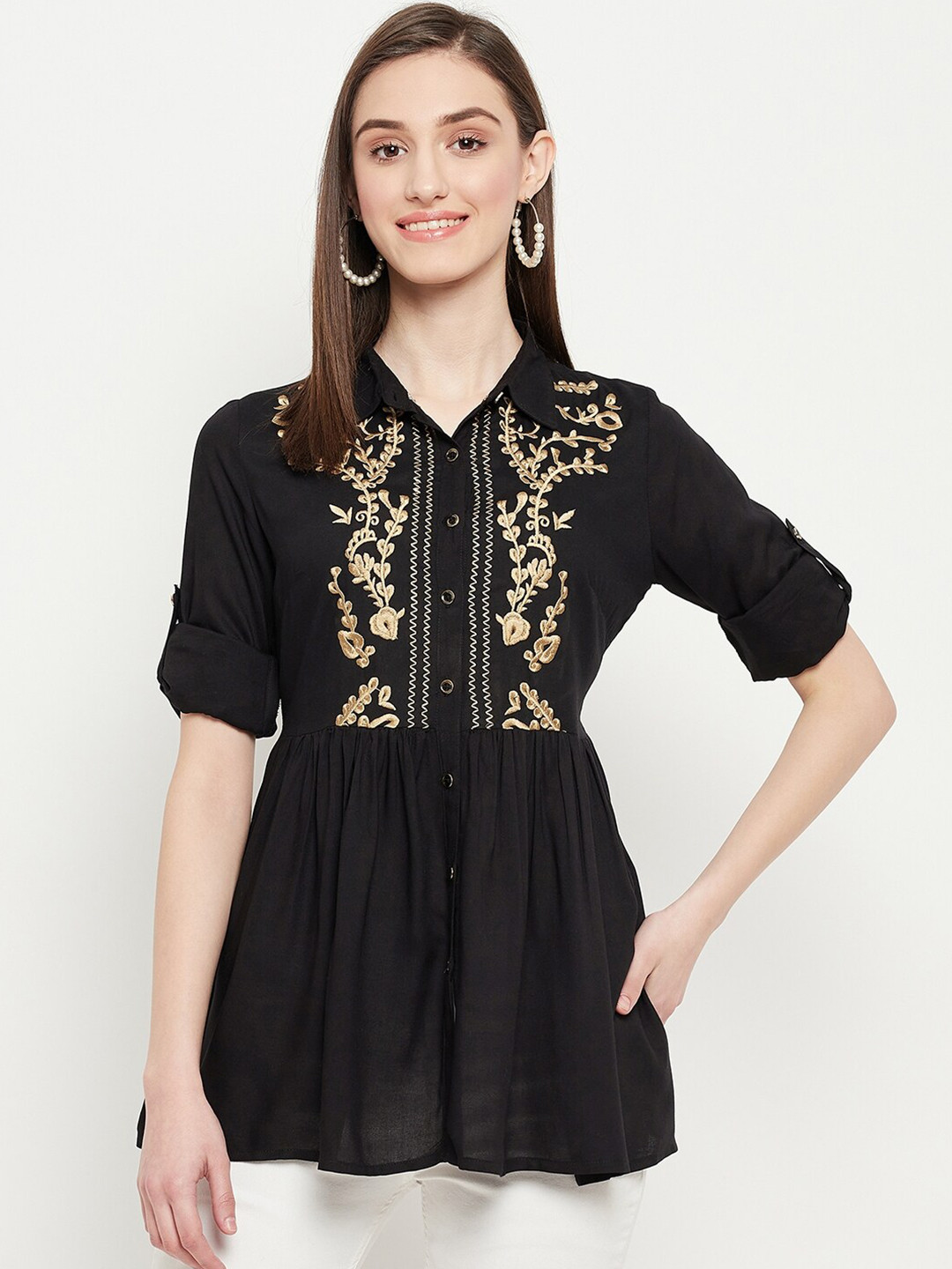 

Ishin Floral Embroidered Shirt Style Top, Black