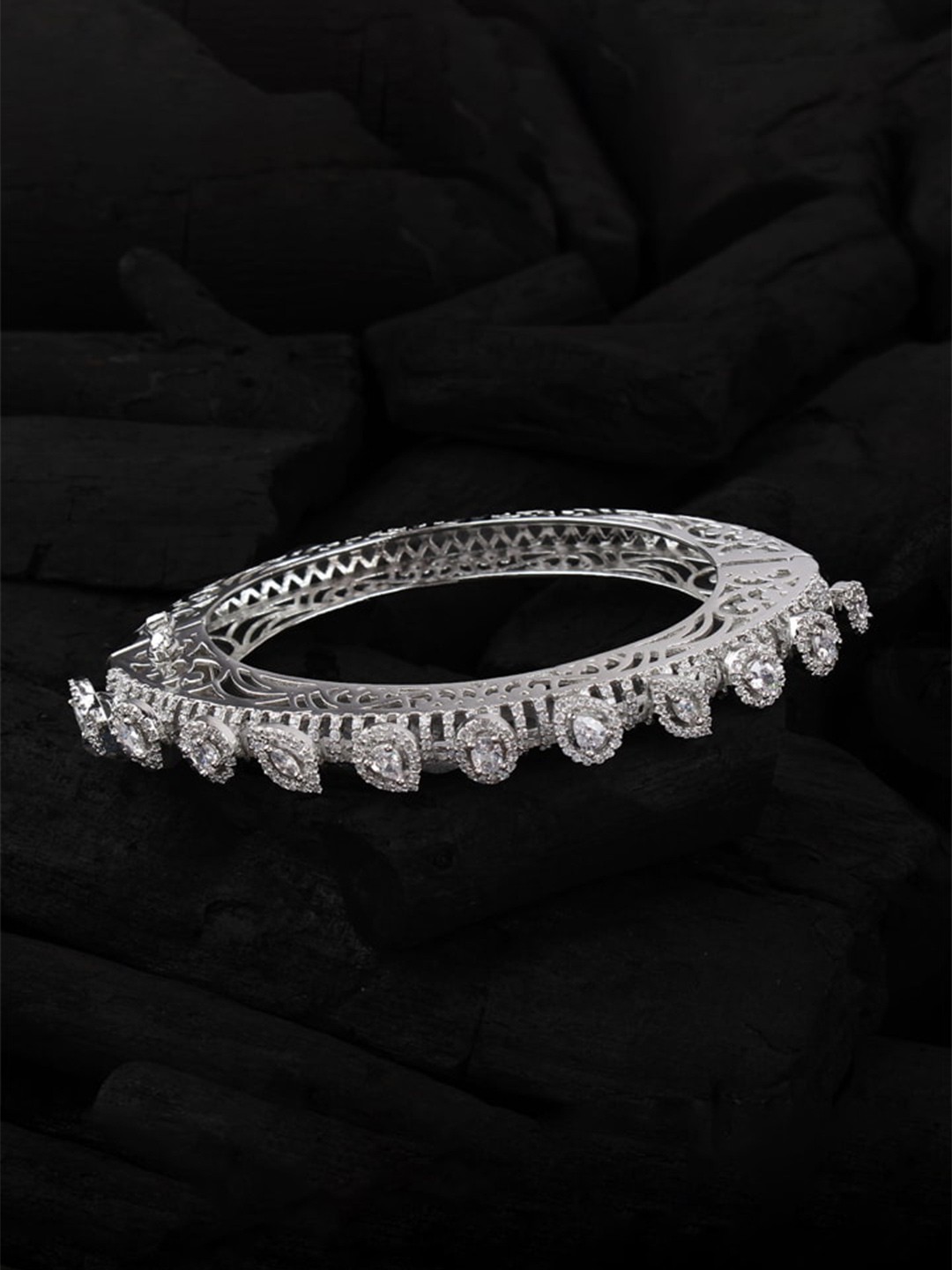 

Mirana Rhodium-Plated American Diamond Studded Bangle-Style Bracelet, Silver