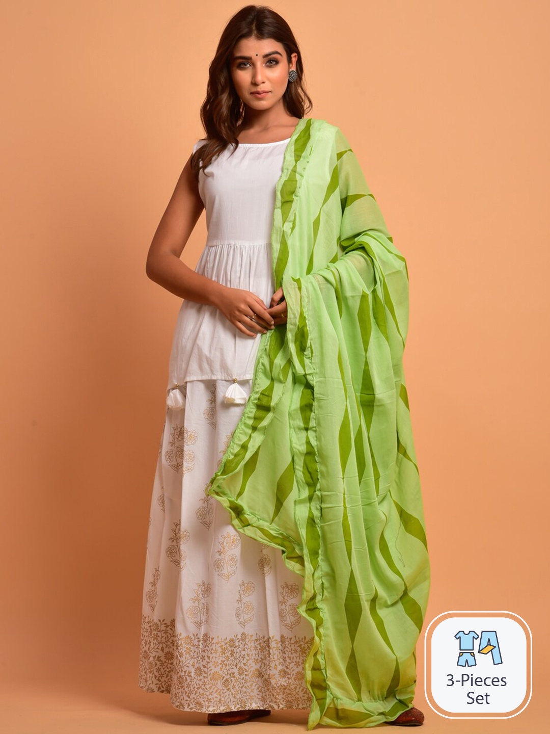 

R RANAK CREATION Pure Cotton High-Low A-Line Kurta & Skirt With Dupatta, White