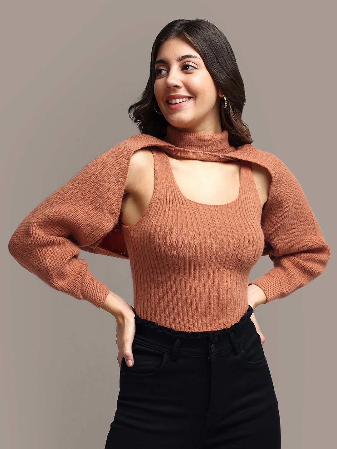 

iki chic Ribbed Layered Jumper Sweater Style Top, Brown