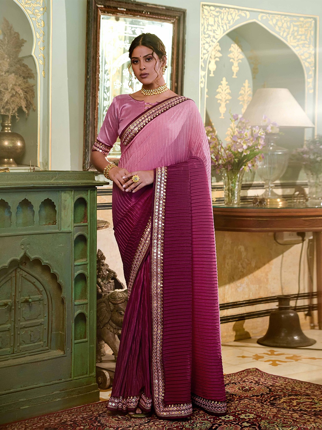

Globon Impex Ombre Mirror Work Embroidered Saree, Maroon
