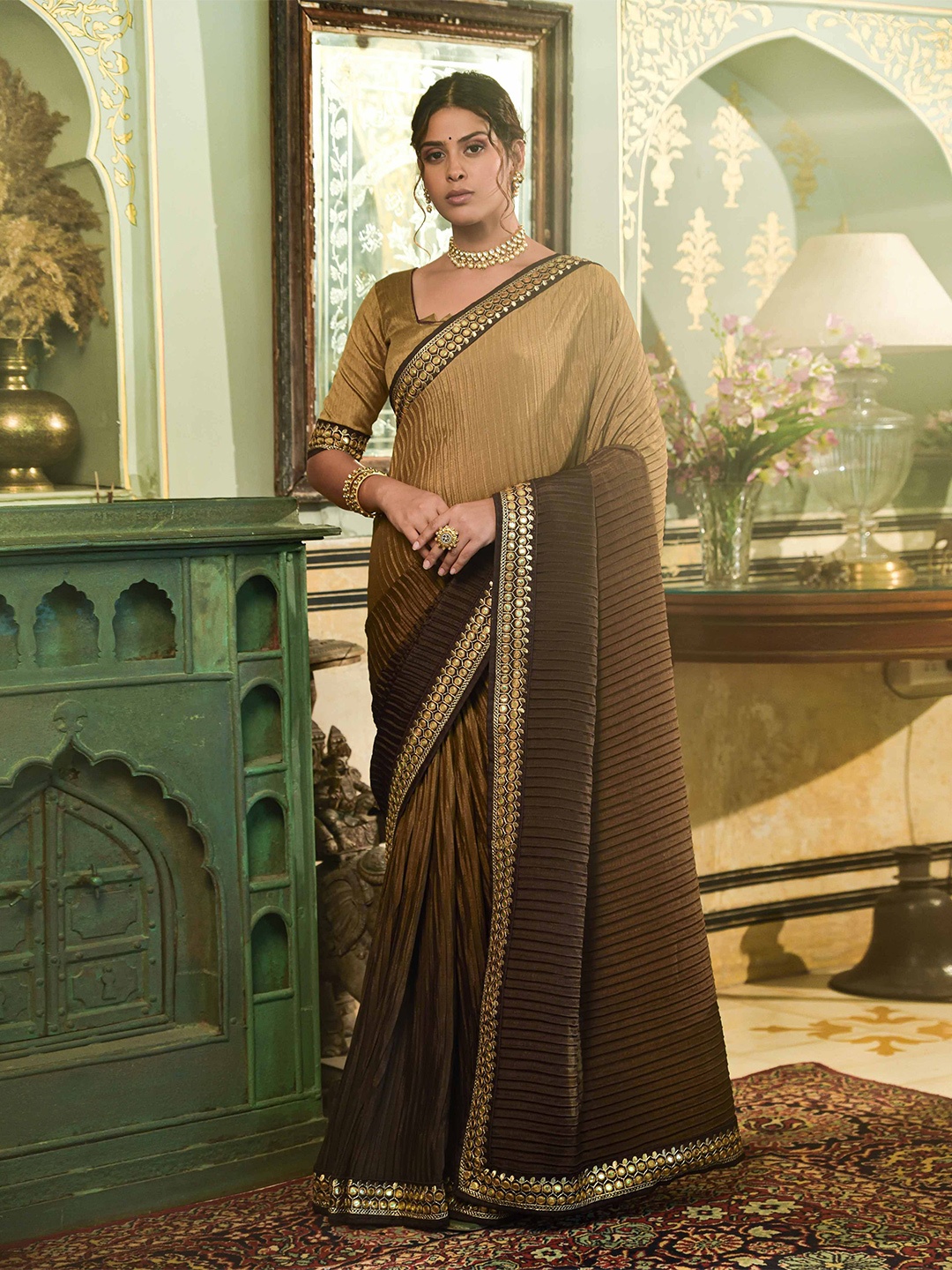 

Globon Impex Ombre Mirror Work Embroidered Saree, Brown