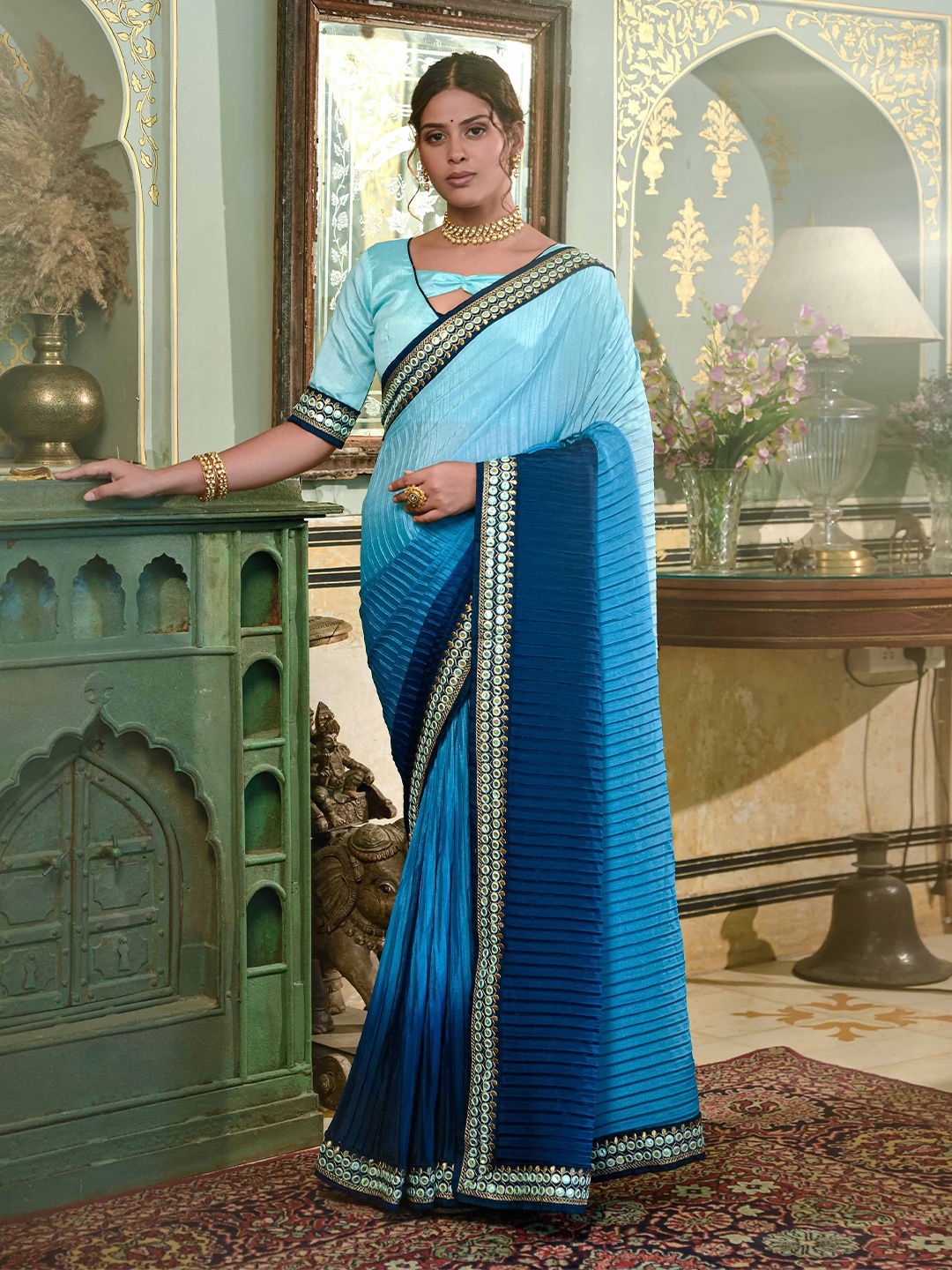 

Globon Impex Ombre Mirror Work Embroidered Saree, Blue