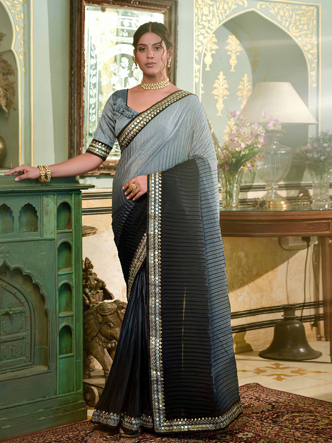 

Globon Impex Ombre Mirror Work Embroidered Saree, Black