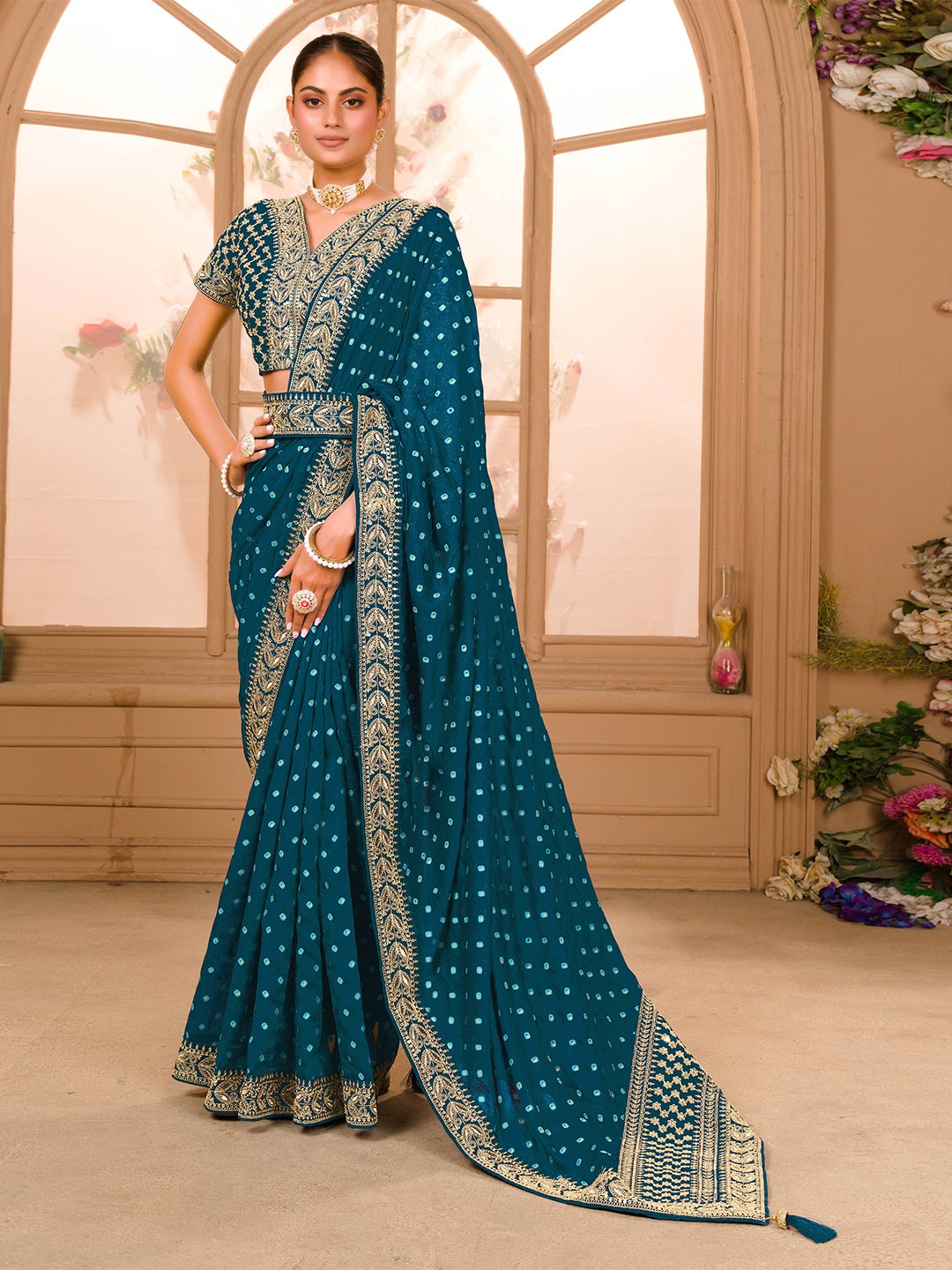 

Globon Impex Bandhani Printed Embroidered Pure Georgette Saree, Teal
