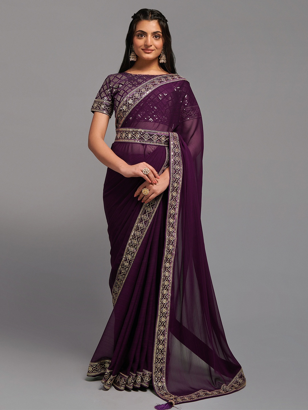 

Globon Impex Sequin Embroidered Saree, Burgundy