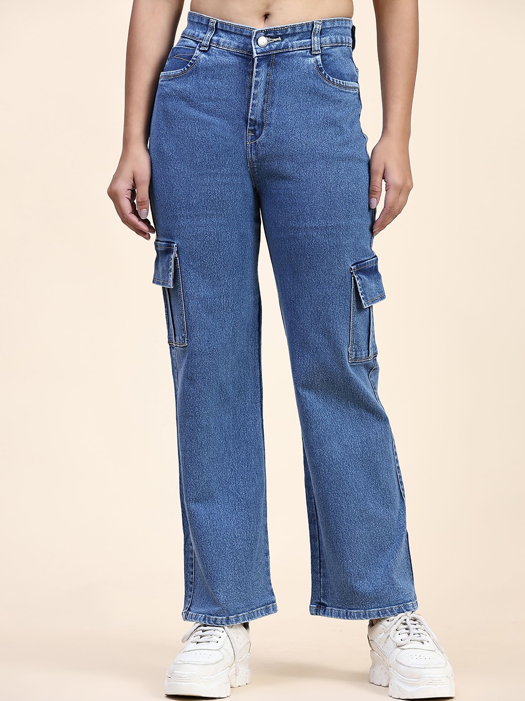 

BAESD Women High-Rise Straight Fit Smart Cargo Clean Look Jeans, Blue