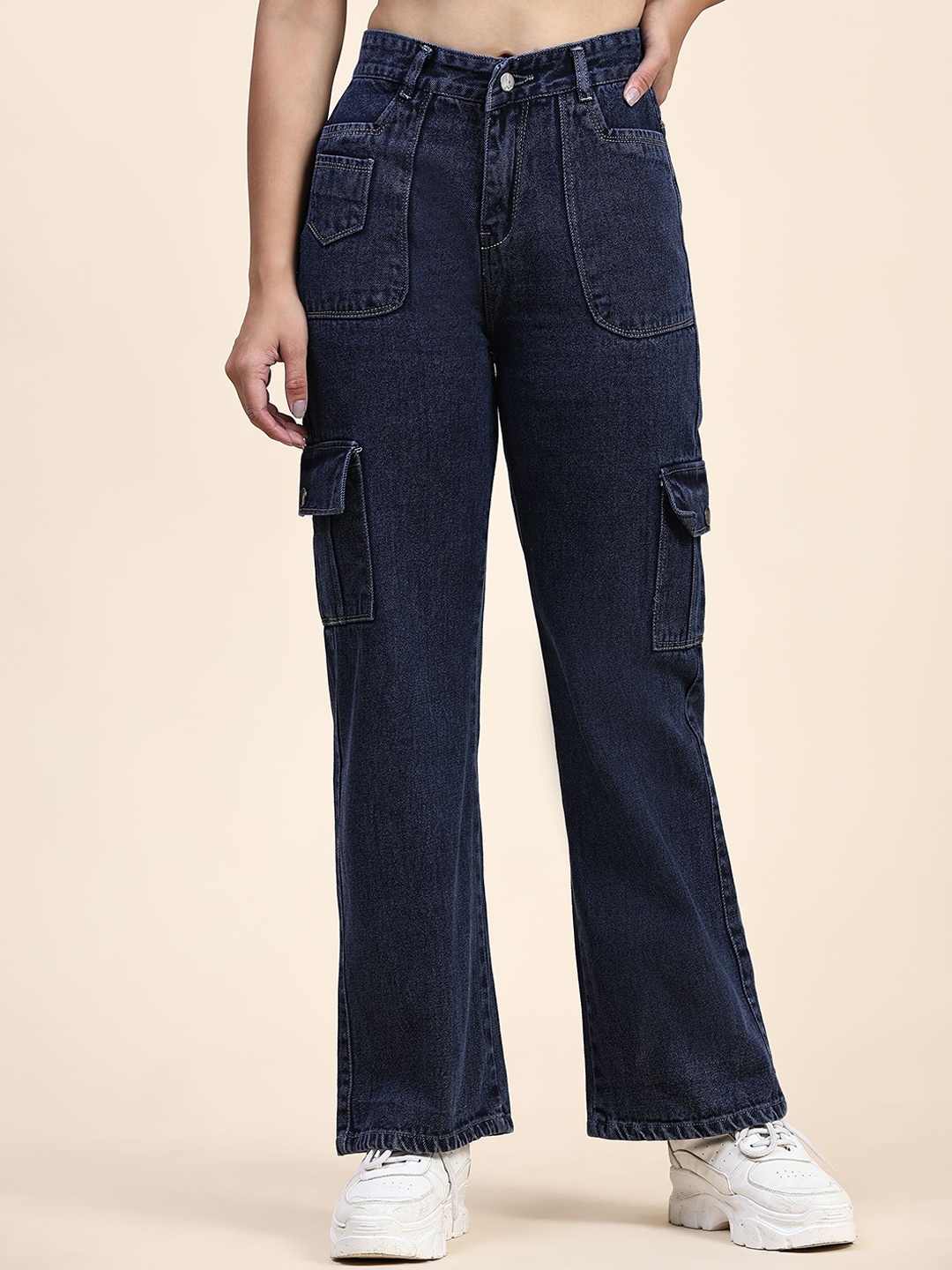 

BAESD Women Relaxed Fit Mid-Rise Comfort Cargo Clean Look Jeans, Blue