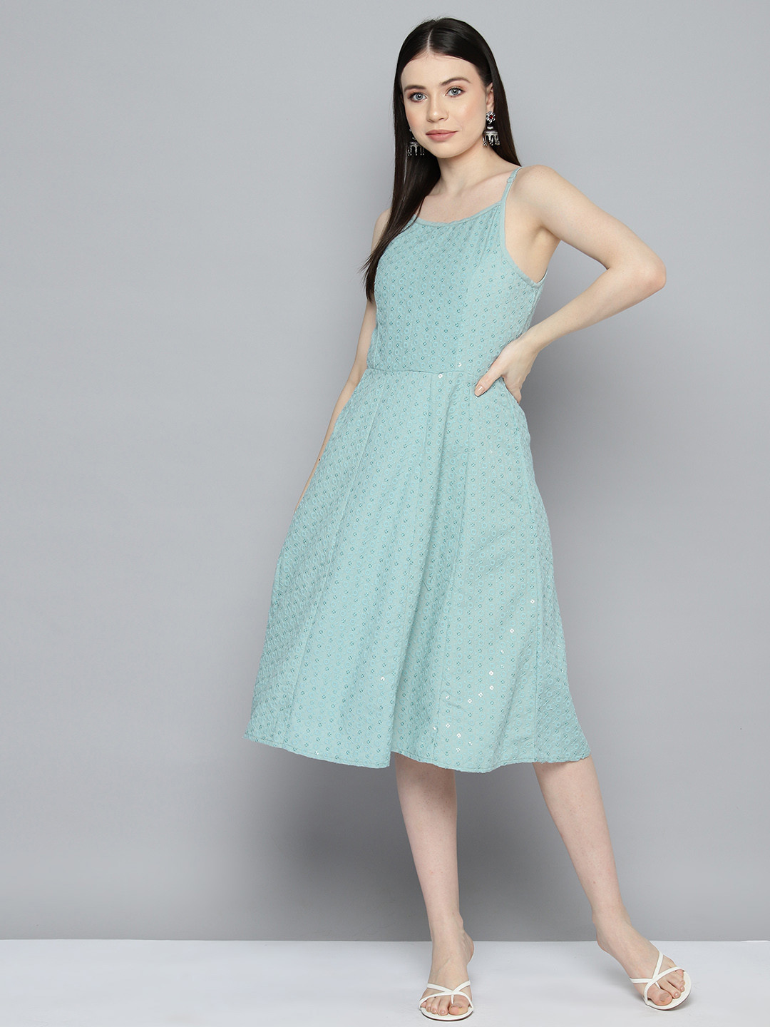 

Jompers Floral Embroidered Fit & Flare Ethnic Dress, Blue