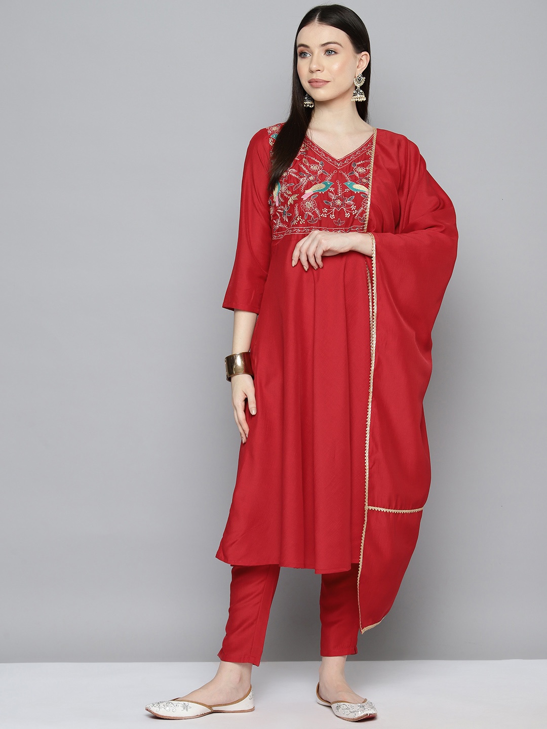 

Jompers Women Ethnic Motifs Embroidered Thread Work Kurta with Trousers & With Dupatta, Red