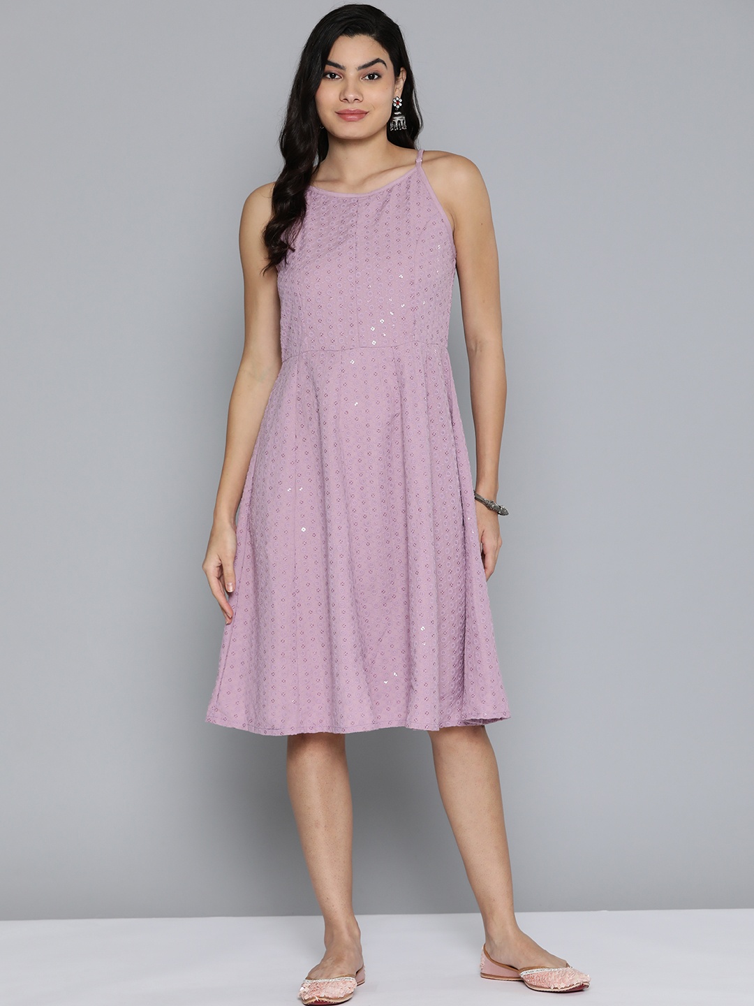 

Jompers Floral Embroidered A-Line Dress, Purple
