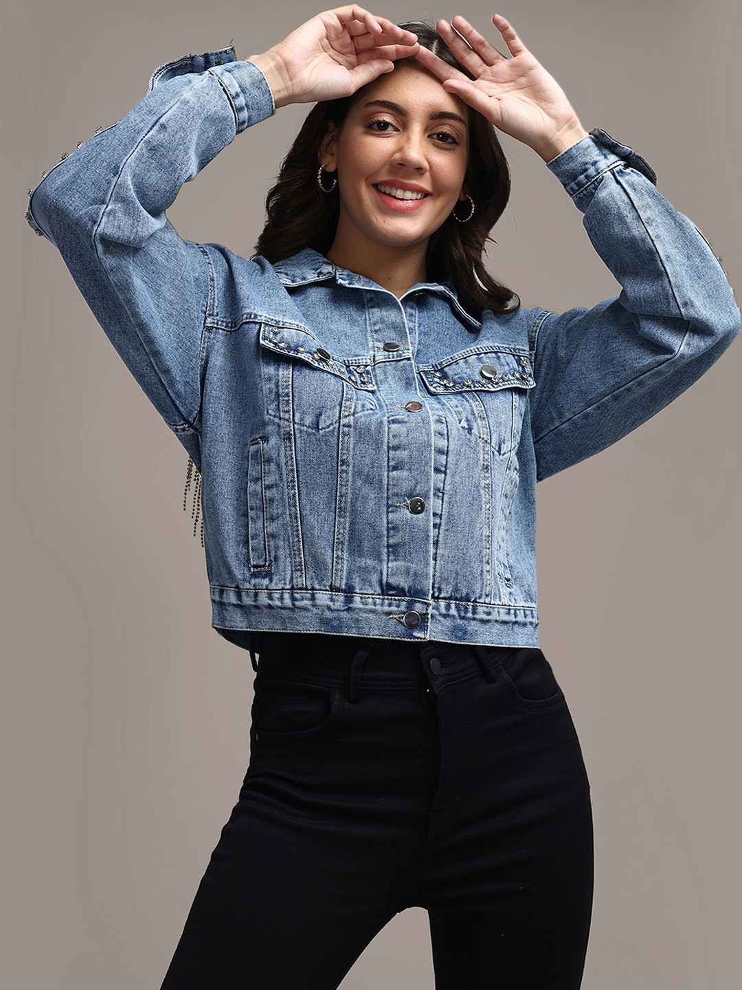 

iki chic Washed Tasselled Heart Cut-Out Detail Crop Cotton Denim Jacket, Blue