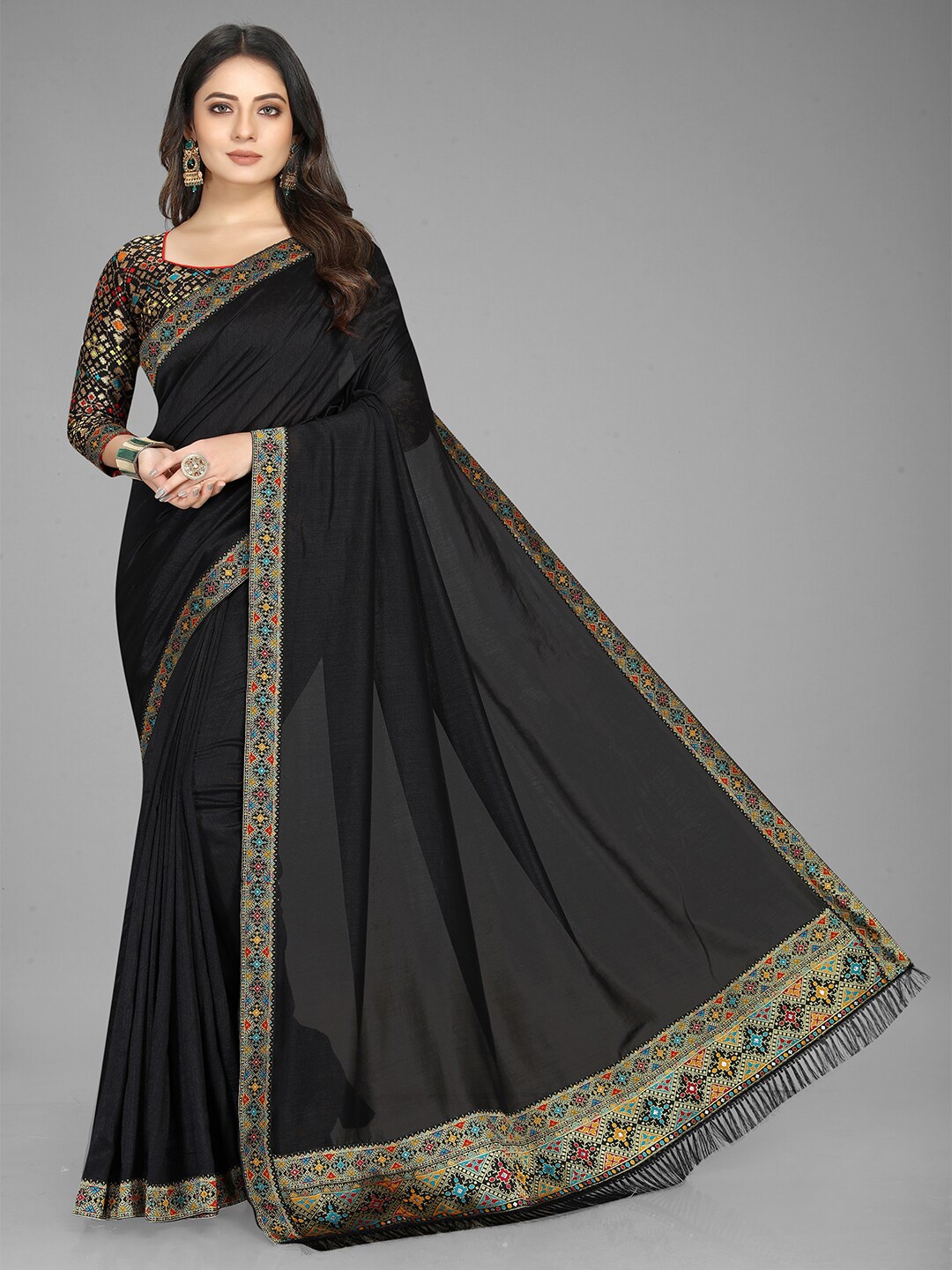 

KALINI Solid Zari Pure Silk Saree, Black