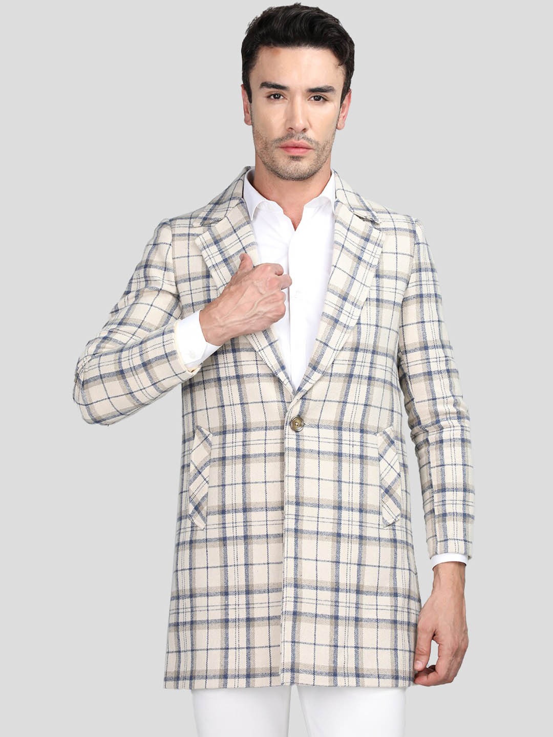 

CHKOKKO Checked Notched Lapel Tweed Woollen Overcoat, Off white