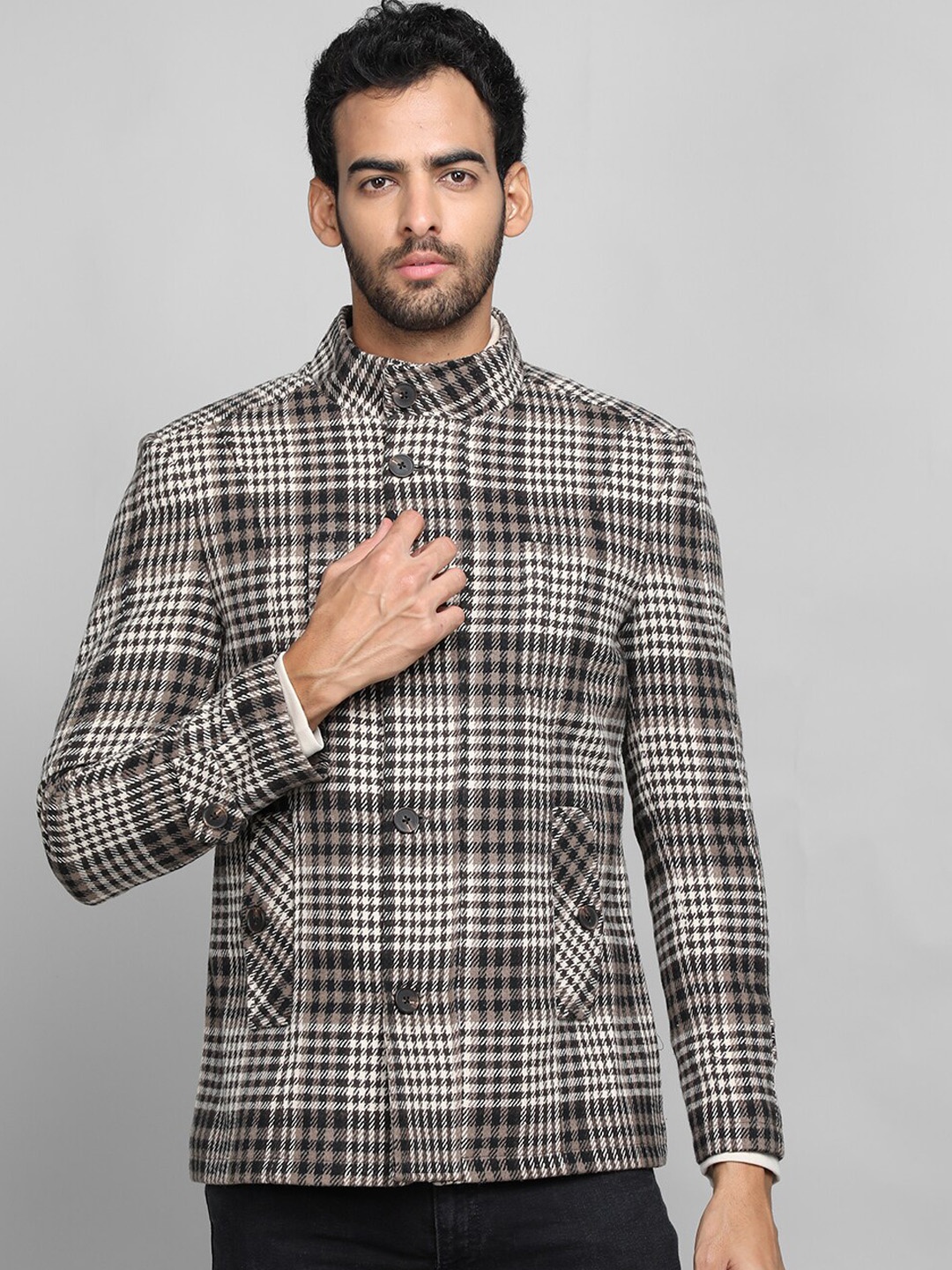 

CHKOKKO Checked Stand Collar Tweed Woollen Overcoat, Brown