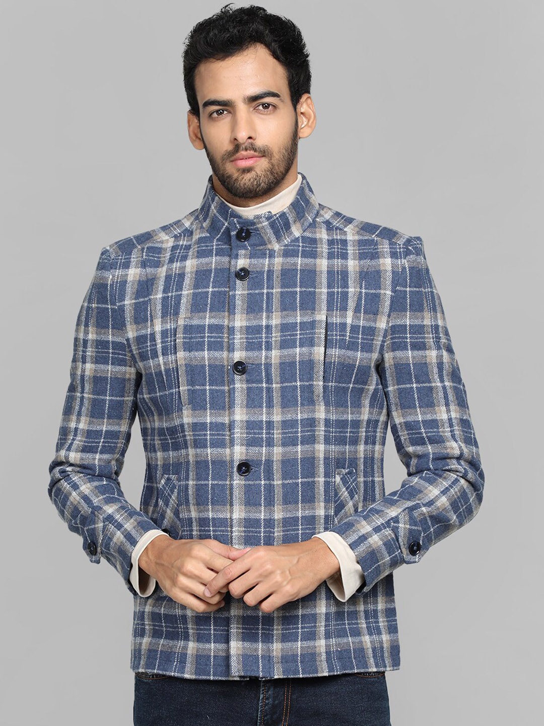 

CHKOKKO Checked Woollen Overcoat, Blue