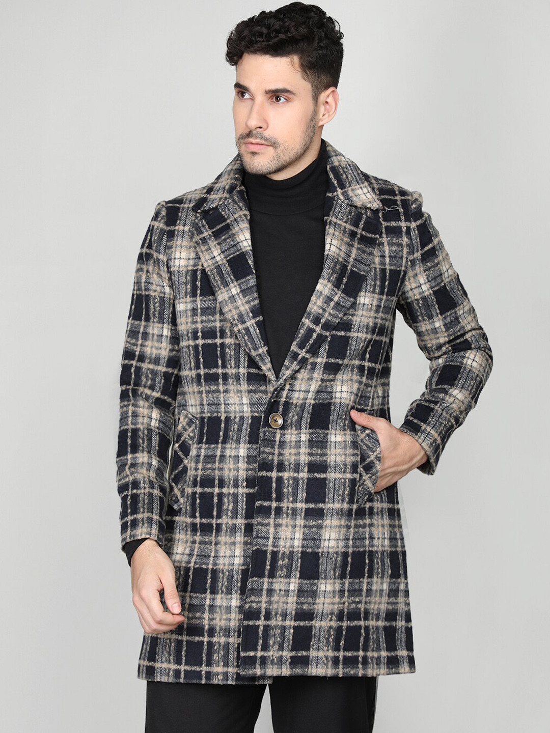 

CHKOKKO Checked Woollen Tweed Overcoat, Navy blue