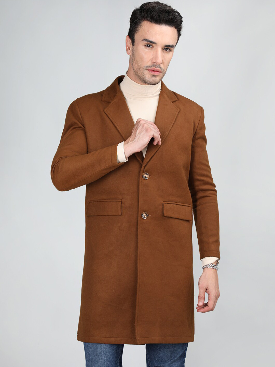

CHKOKKO Woollen Tweed Overcoat, Brown