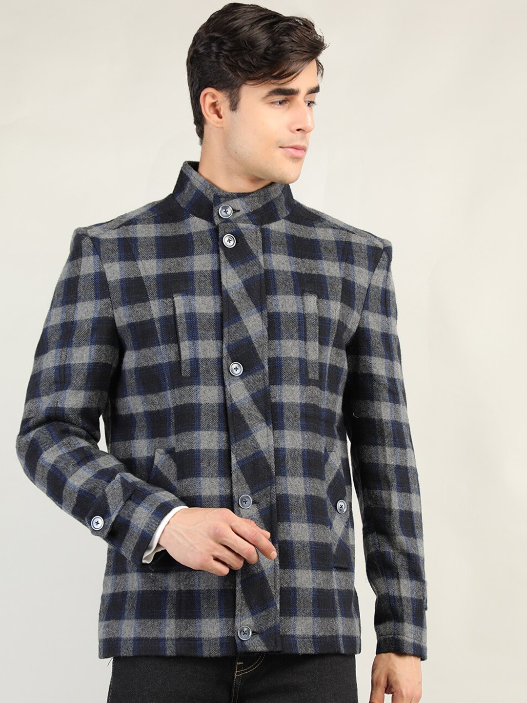

CHKOKKO Checked Woollen Pea Coat, Grey