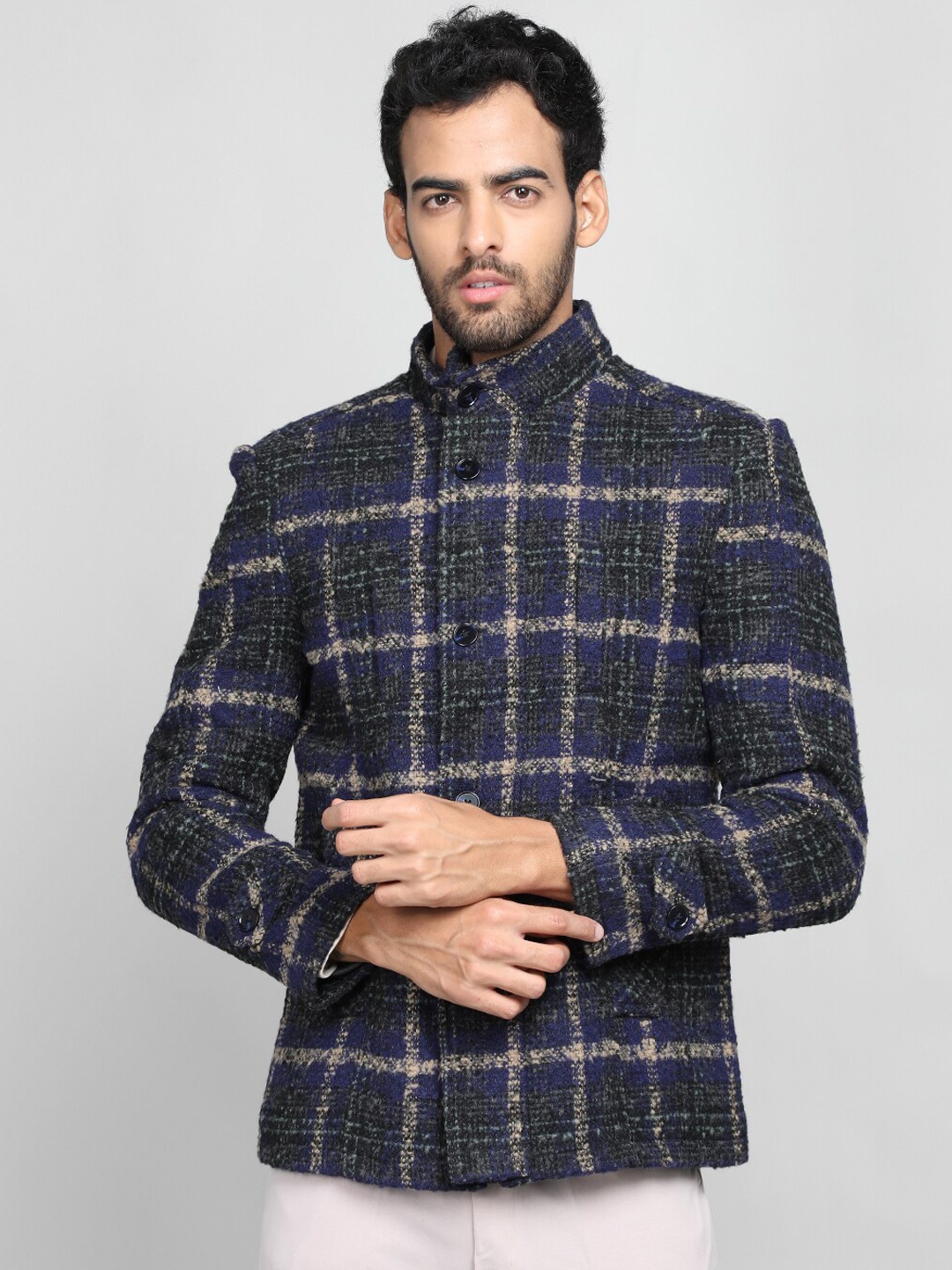 

CHKOKKO Checked Stand Collar Woollen Tweed Pea Coat, Navy blue