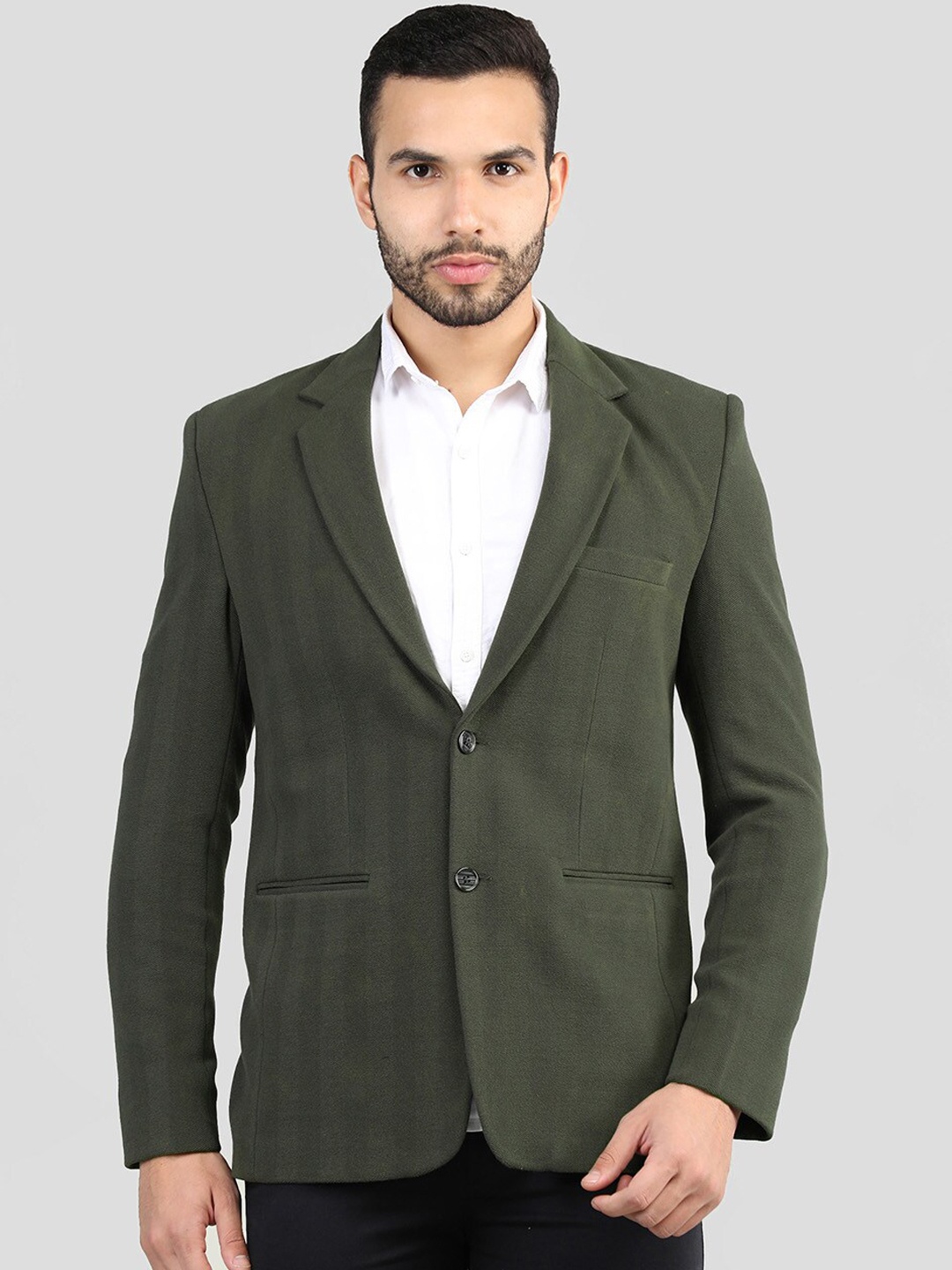 

CHKOKKO Self Design Notched Lapel Single-Breasted Formal Blazer, Olive
