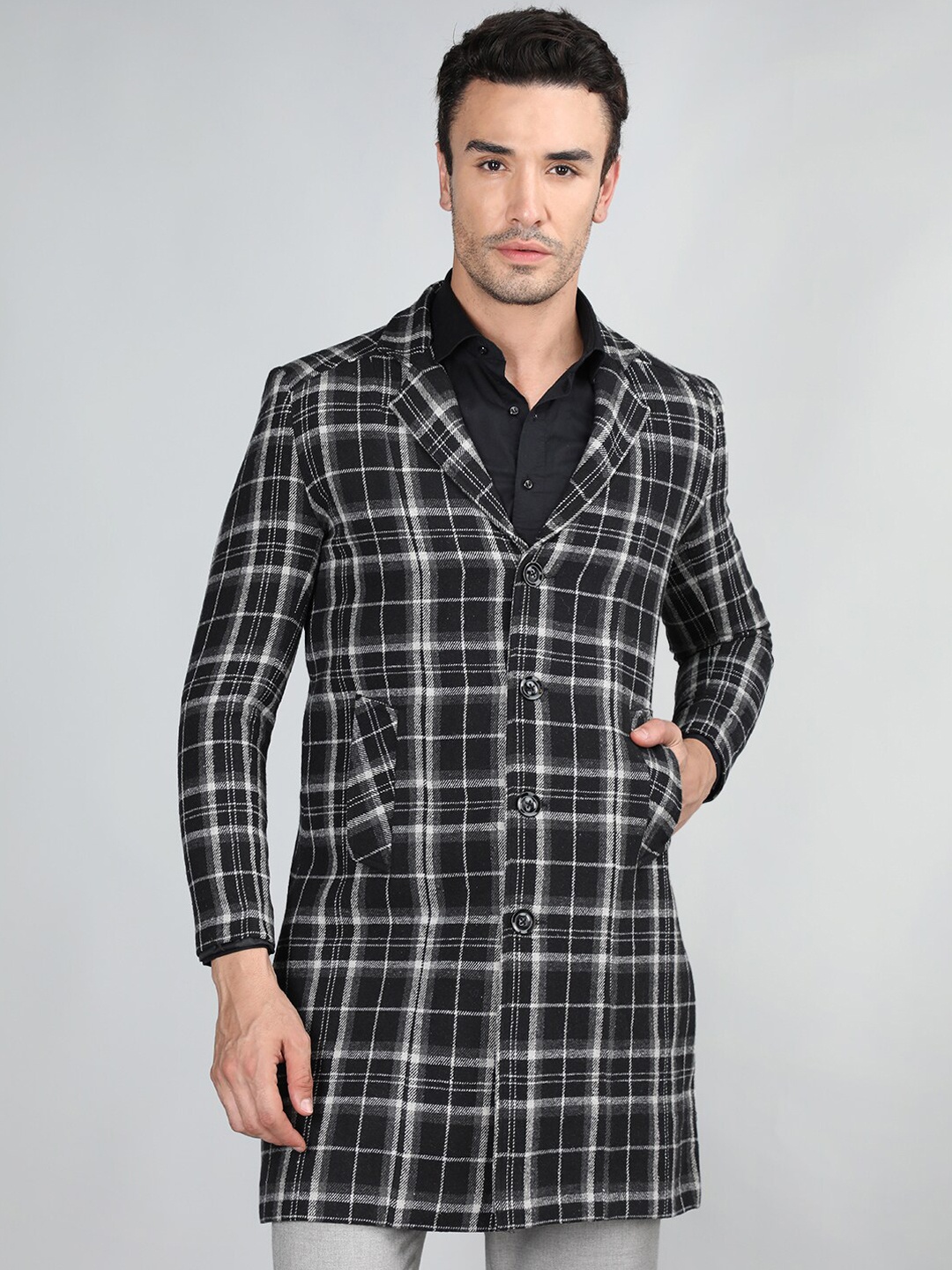 

CHKOKKO Checked Notched Lapel Woollen Tweed Overcoat, Black