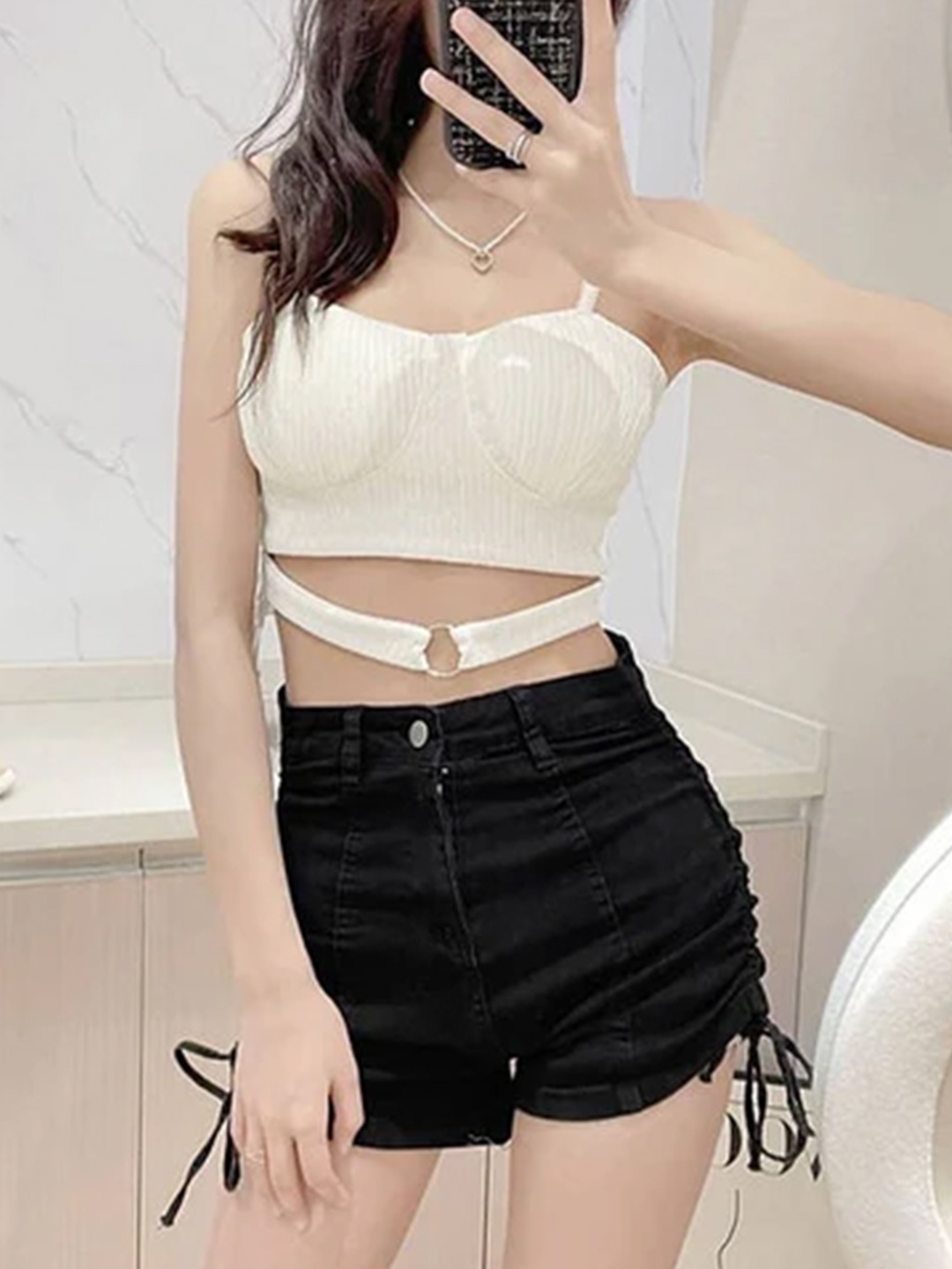 

StyleAsh Shoulder Straps Smocked Crop Bralette Top, White