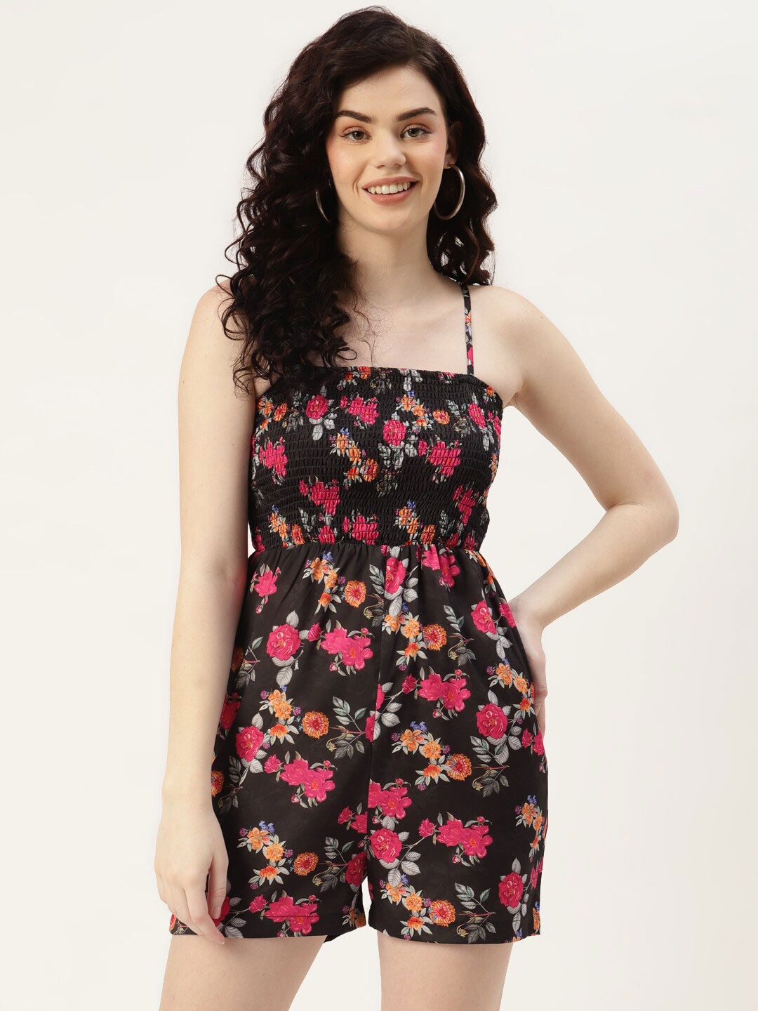 

Sleek Italia Floral Printed Smocked Detailed Shoulder Straps Jumpsuit, Black