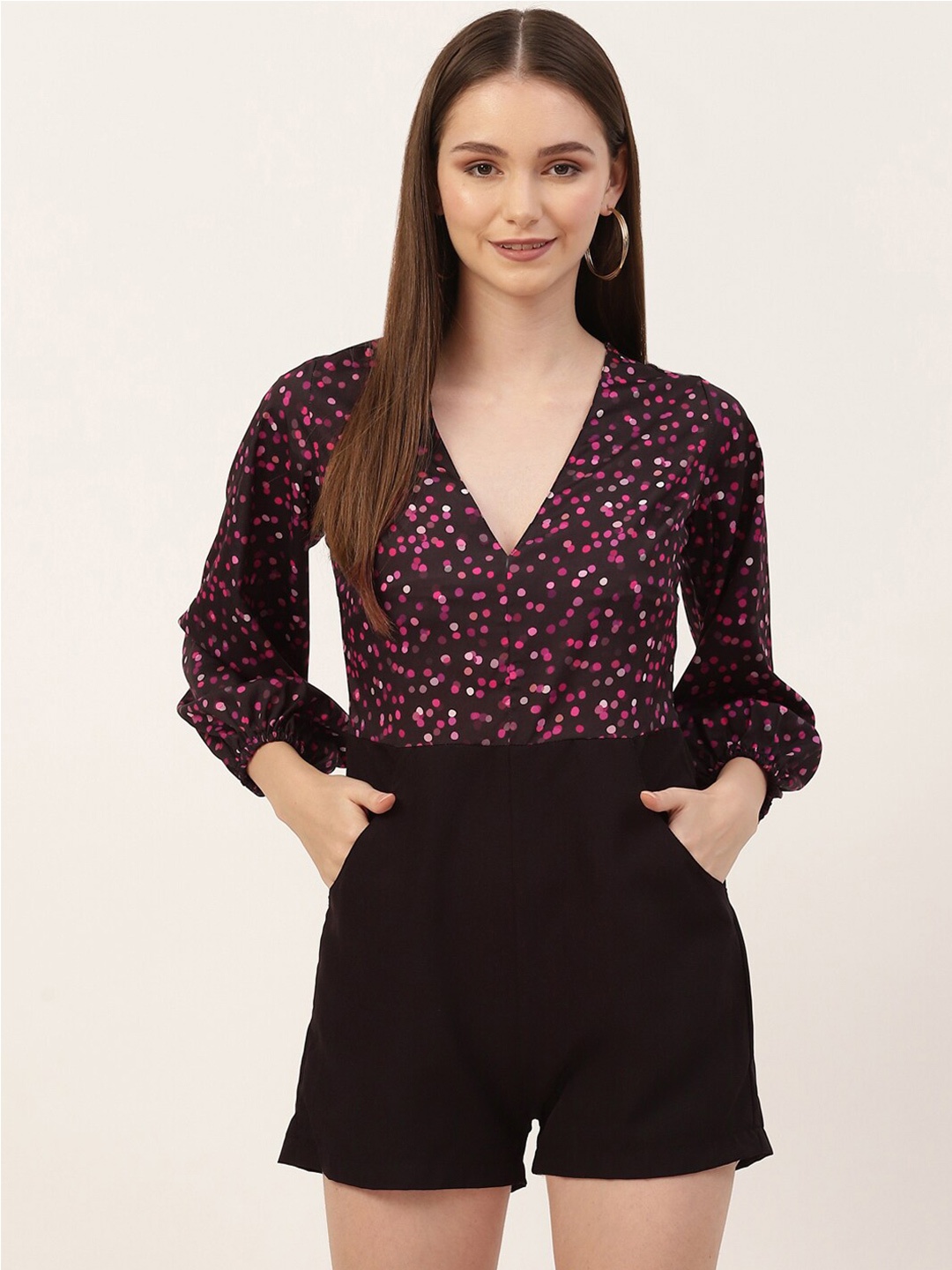 

Sleek Italia V Neck Floral Printed Puff Sleeve Waist Tie-Ups Playsuit Jumpsuit, Black