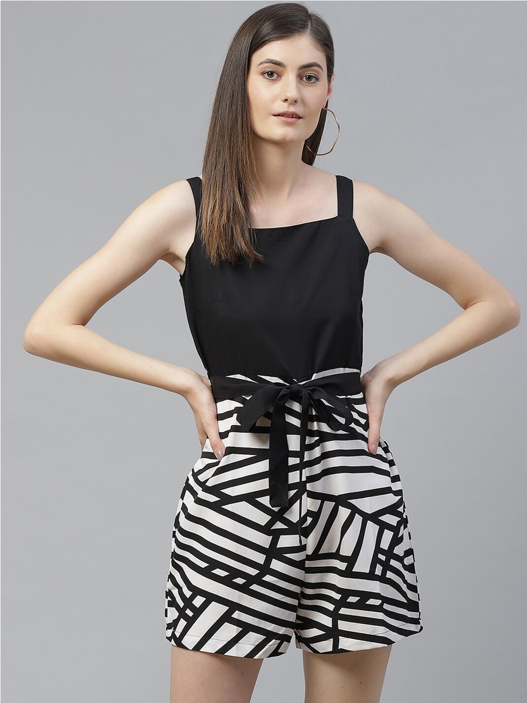 

Sleek Italia Shoulder Strap Neck Striped Waist Tie-Ups Playsuit Jumpsuit, Black