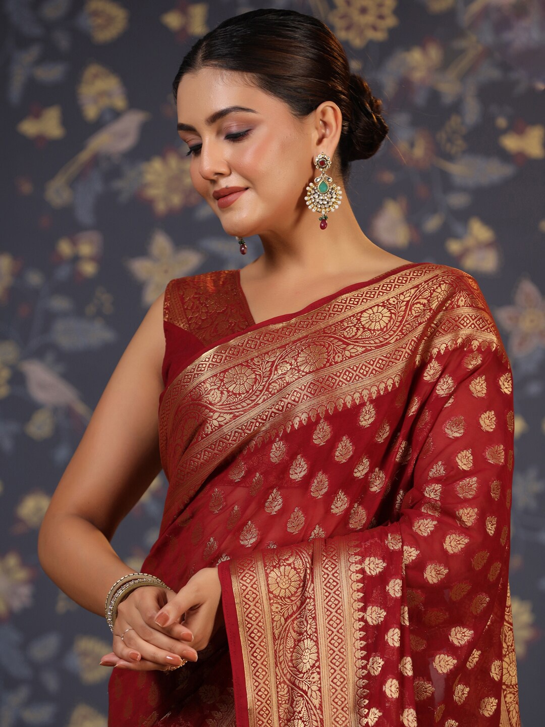 

House of Pataudi Ethnic Motifs Woven Design Pure Georgette Saree, Maroon