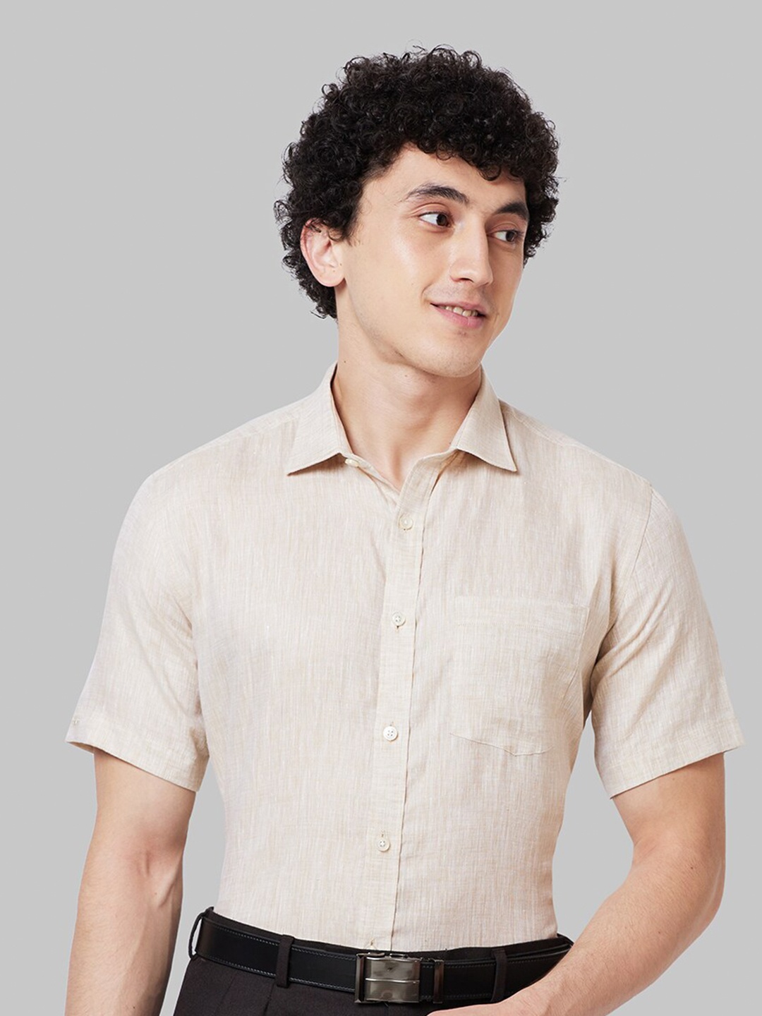 

Park Avenue Short Sleeves Opaque Linen Formal Shirt, Beige