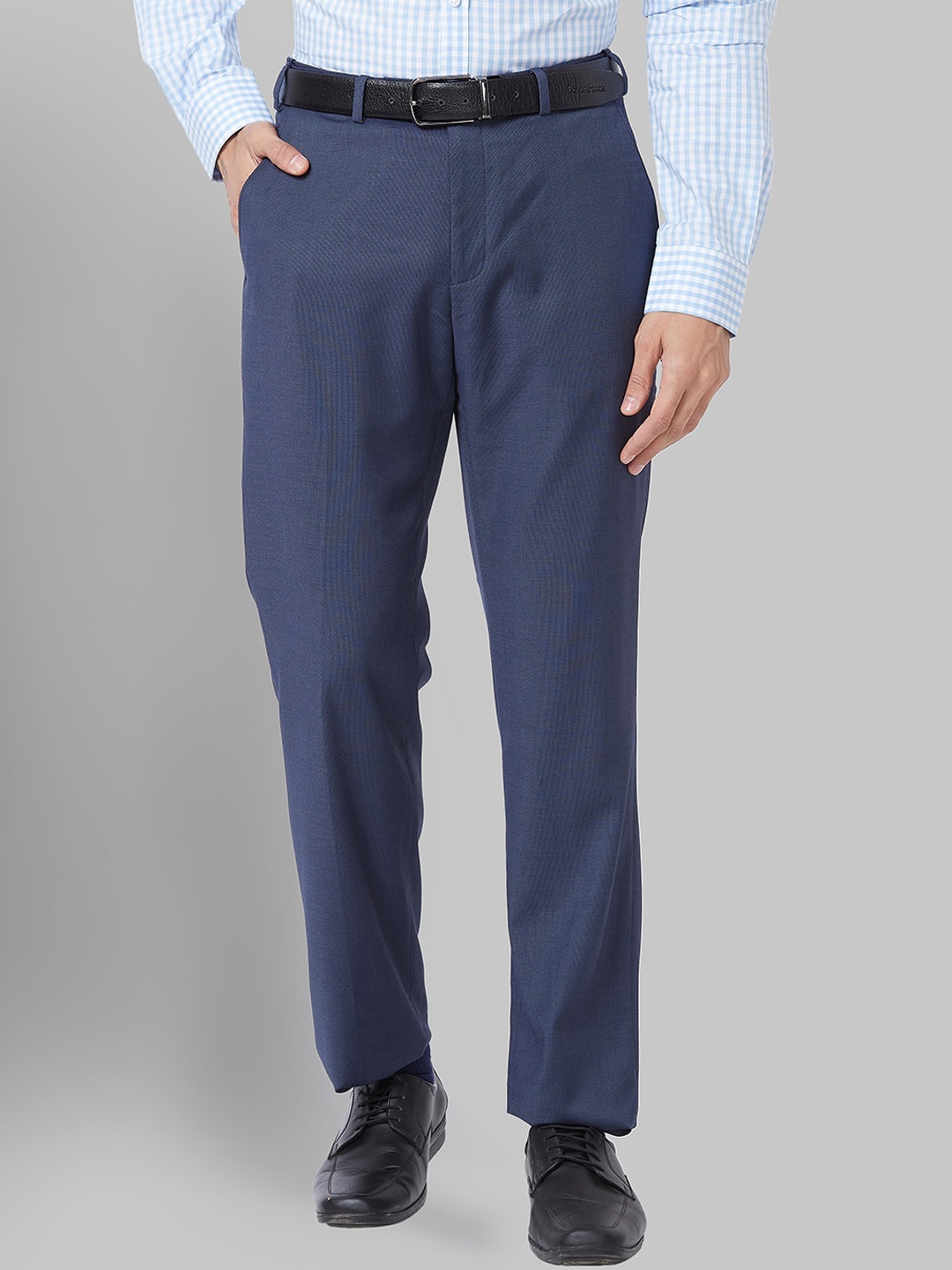 

Park Avenue Men Mid Rise Self Design Plain Formal Trousers, Blue