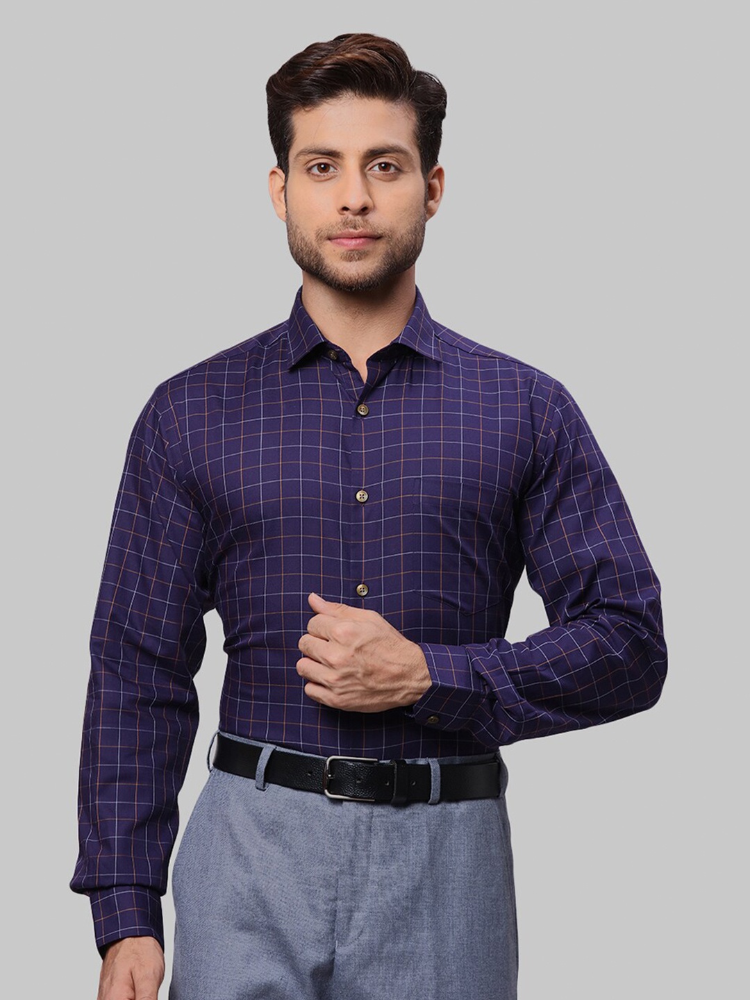 

Park Avenue Windowpane Checked Cotton Formal Shirt, Navy blue
