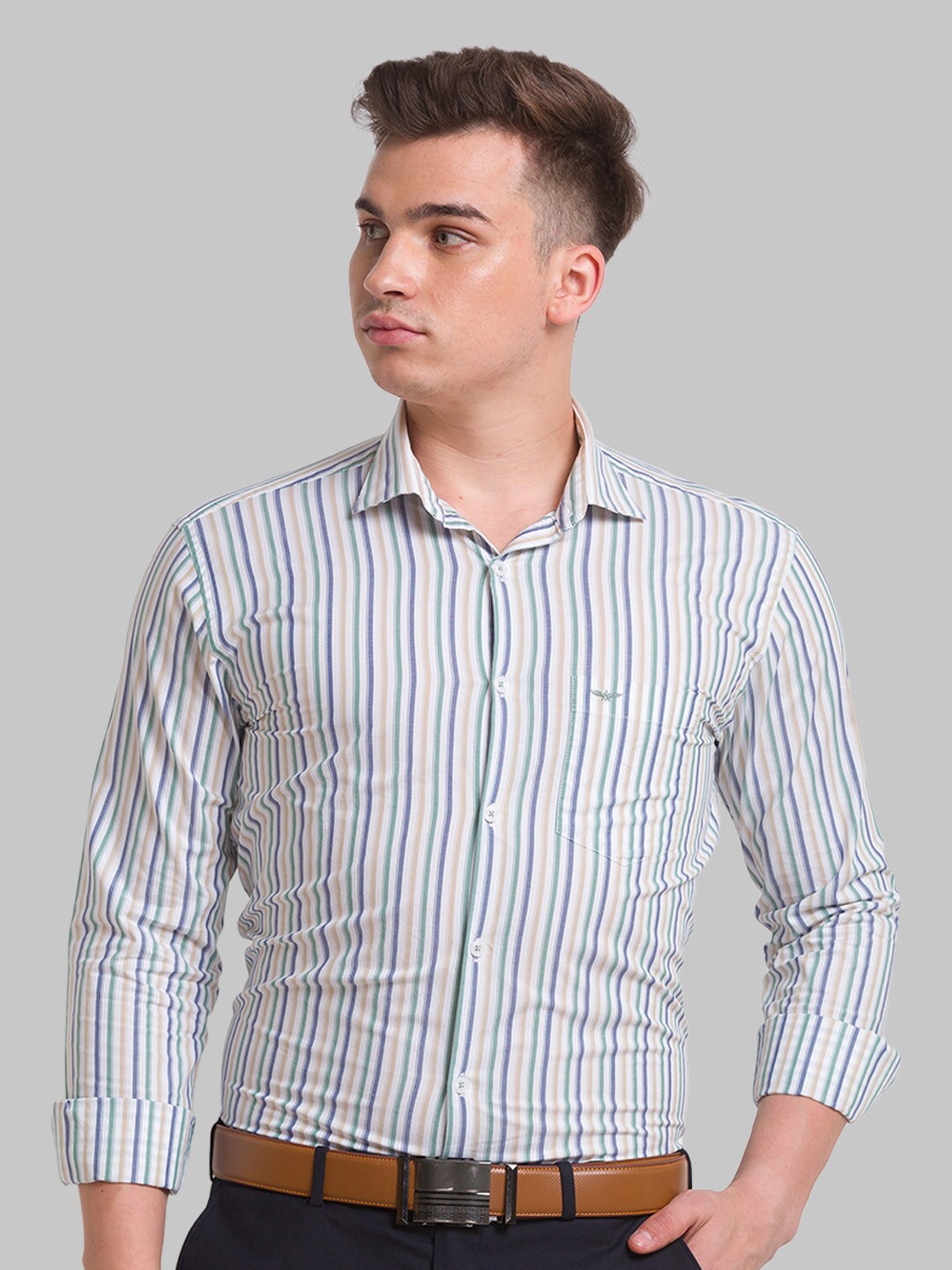 

Park Avenue Slim Fit Vertical Striped Cotton Formal Shirt, Green