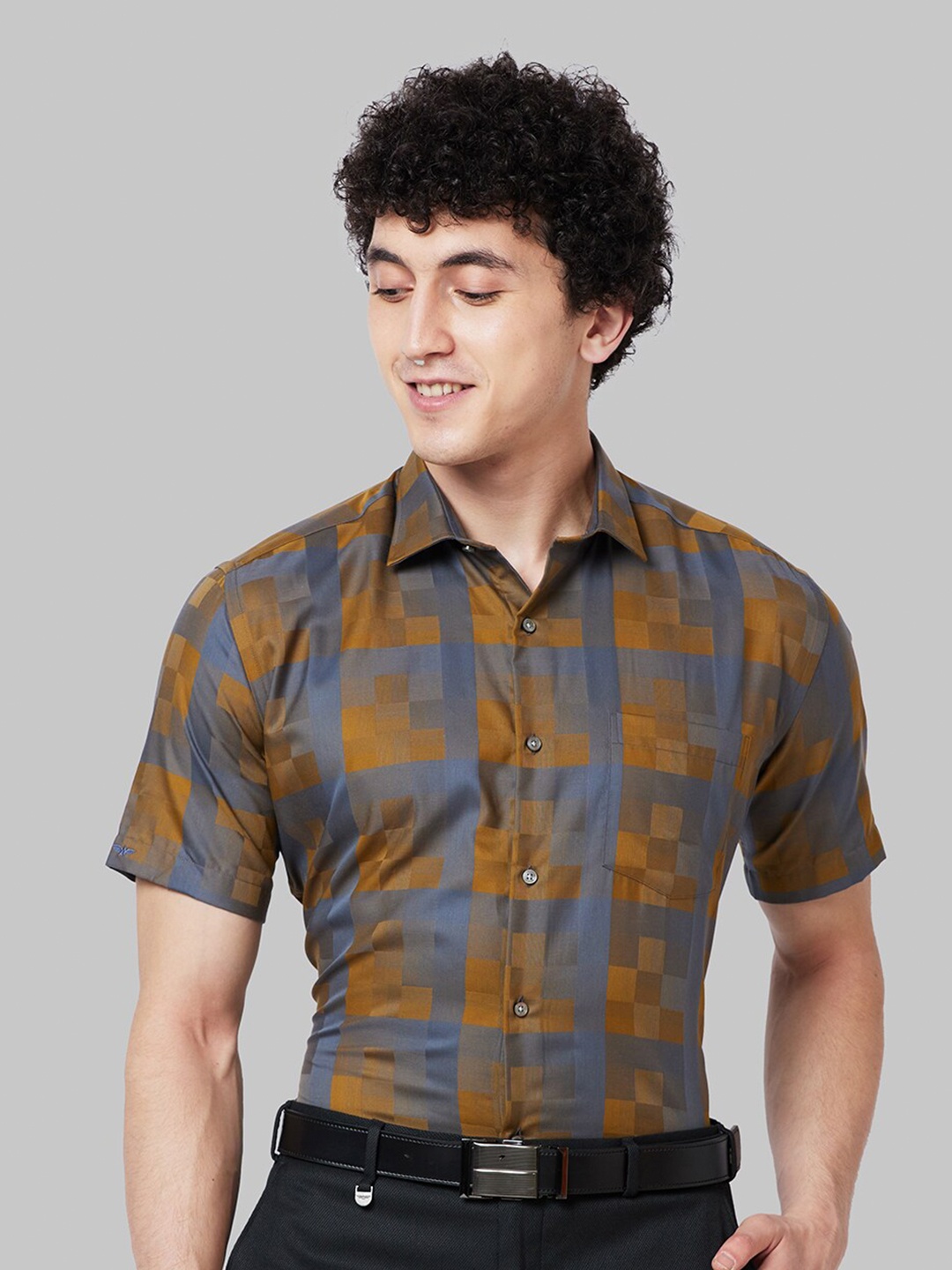 

Park Avenue Checked Spread Collar Cotton Formal Shirt, Green