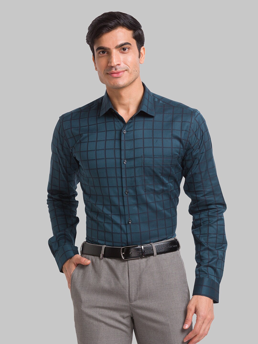 

Park Avenue Slim Fit Opaque Checked Formal Cotton Shirt, Teal