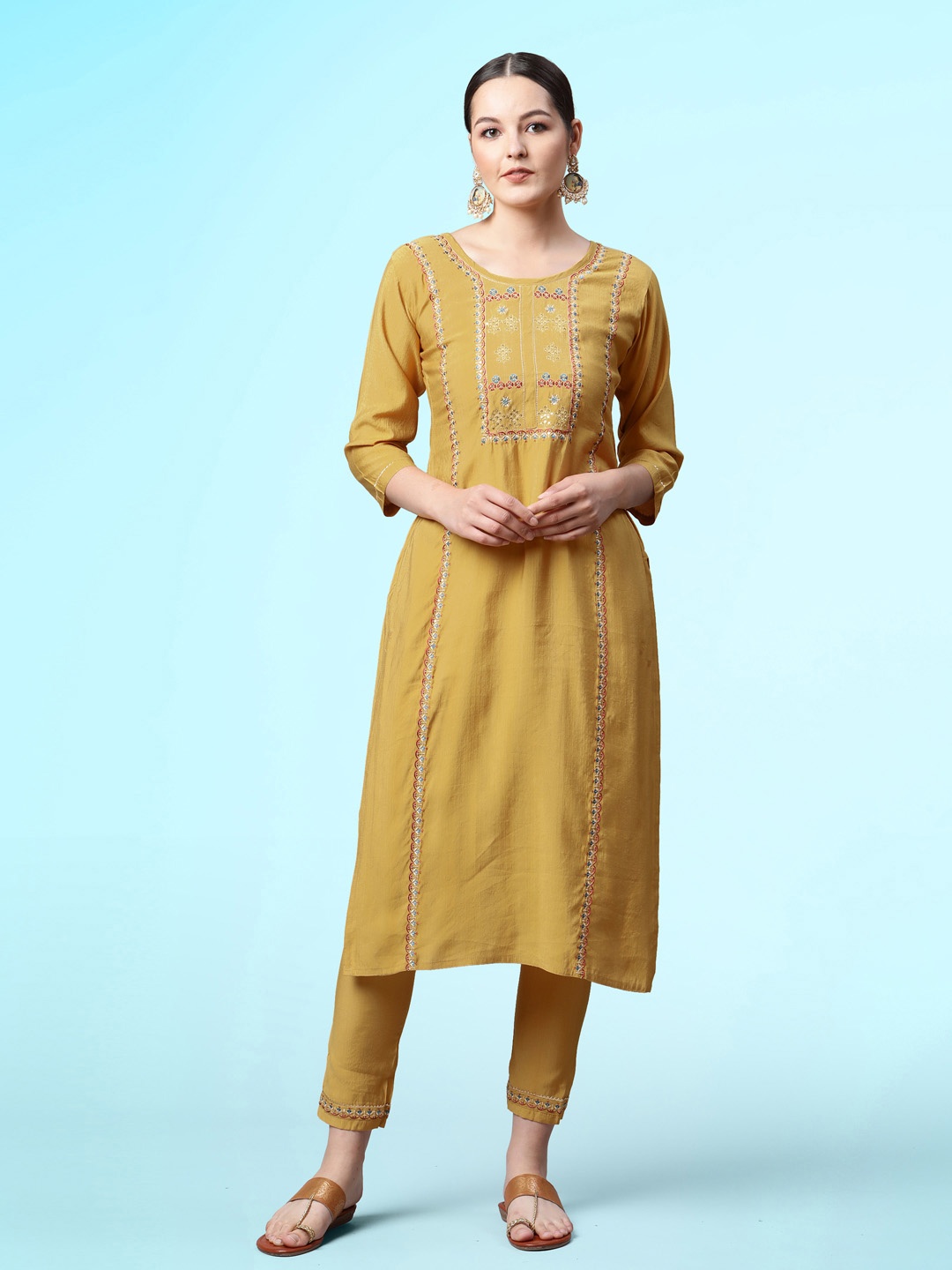 

Sangria Ethnic Motifs Yoke Design Thread Work Straight Kurta With Trouser, Yellow