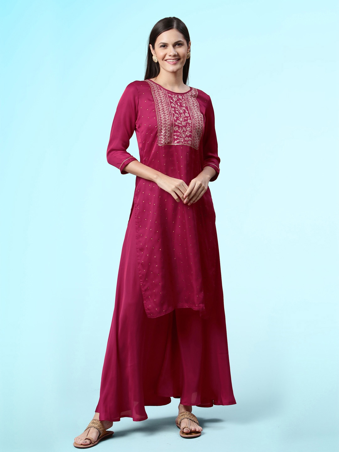 

Sangria Ethnic Motifs Embroidered Straight Satin Kurta & Palazzos, Pink